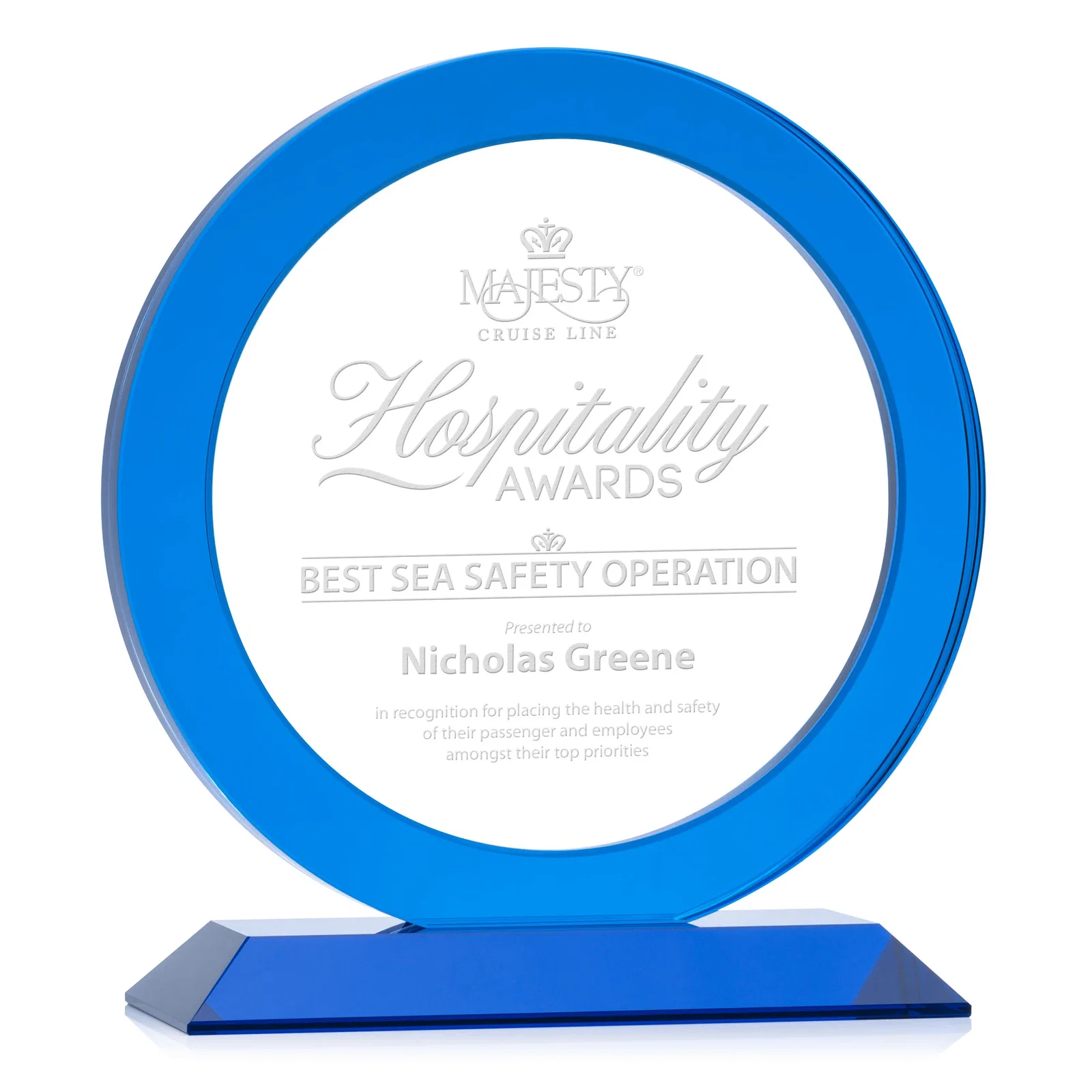 Custom Optical Crystal Round Award with a Sapphire Ring Center, awards for sales achievement awards