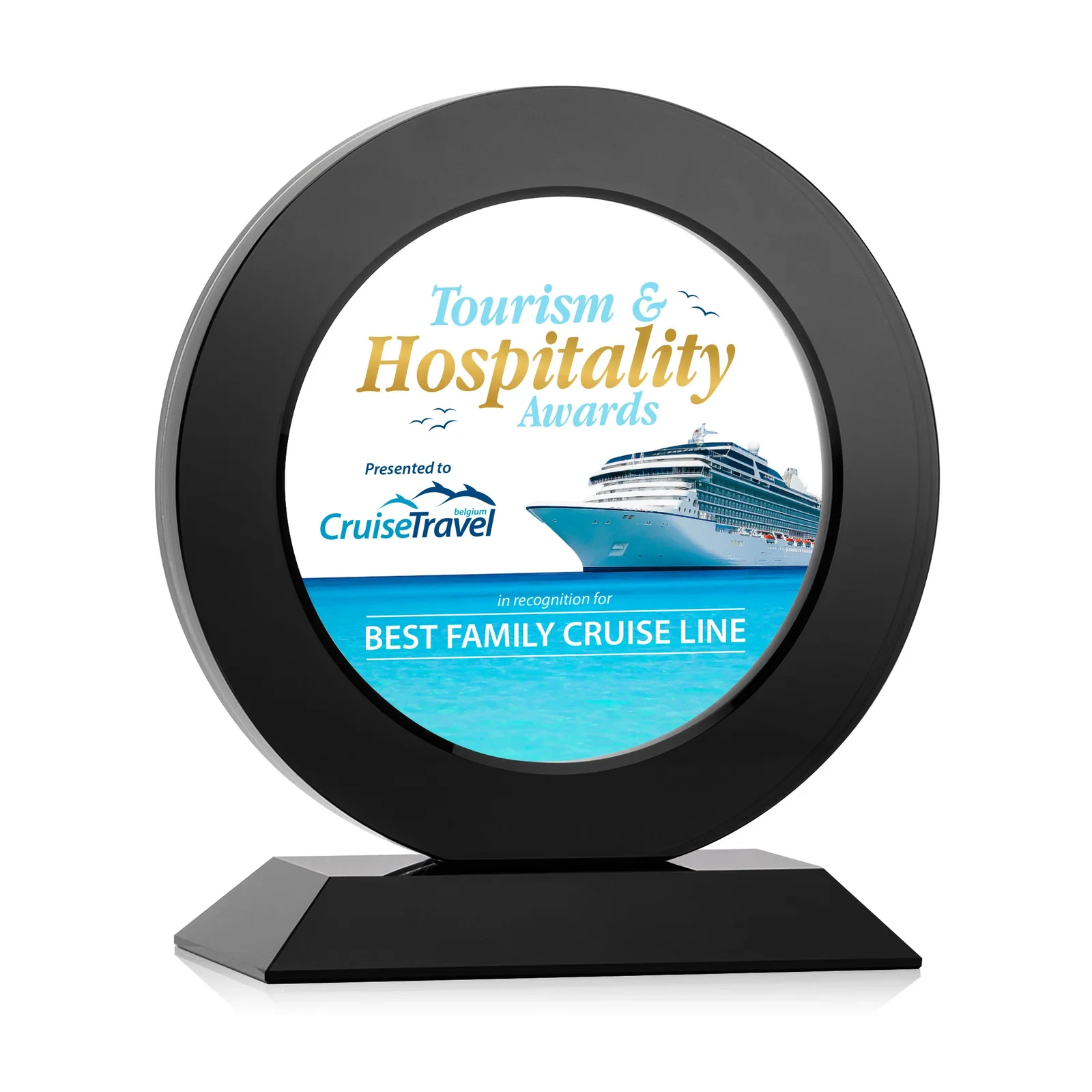 Custom Optical Crystal Round Award with a Sapphire Ring Center, awards for team milestone celebrations