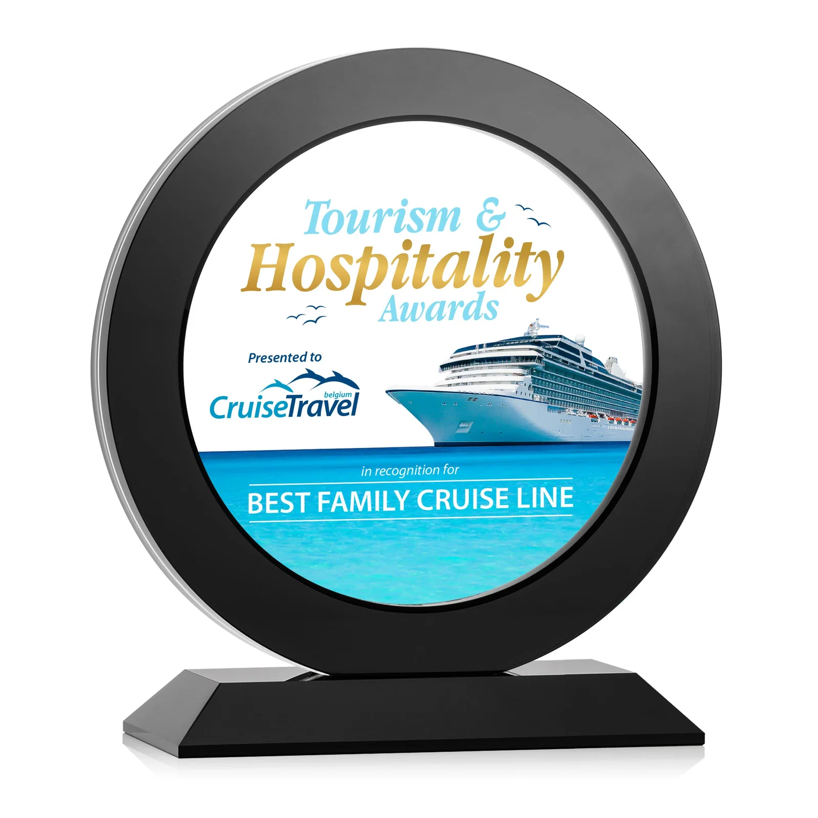 Custom Optical Crystal Round Award with a Sapphire Ring Center, awards for donor appreciation
