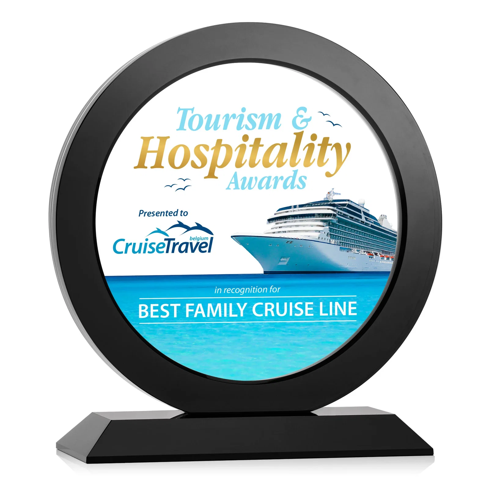 Custom Optical Crystal Round Award with a Sapphire Ring Center, awards for graduation ceremonies