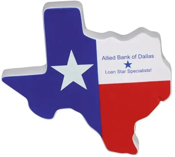 Custom Lone Star State Stress Reliever, branded foam squeeze toy shaped like Texas for logo giveaways