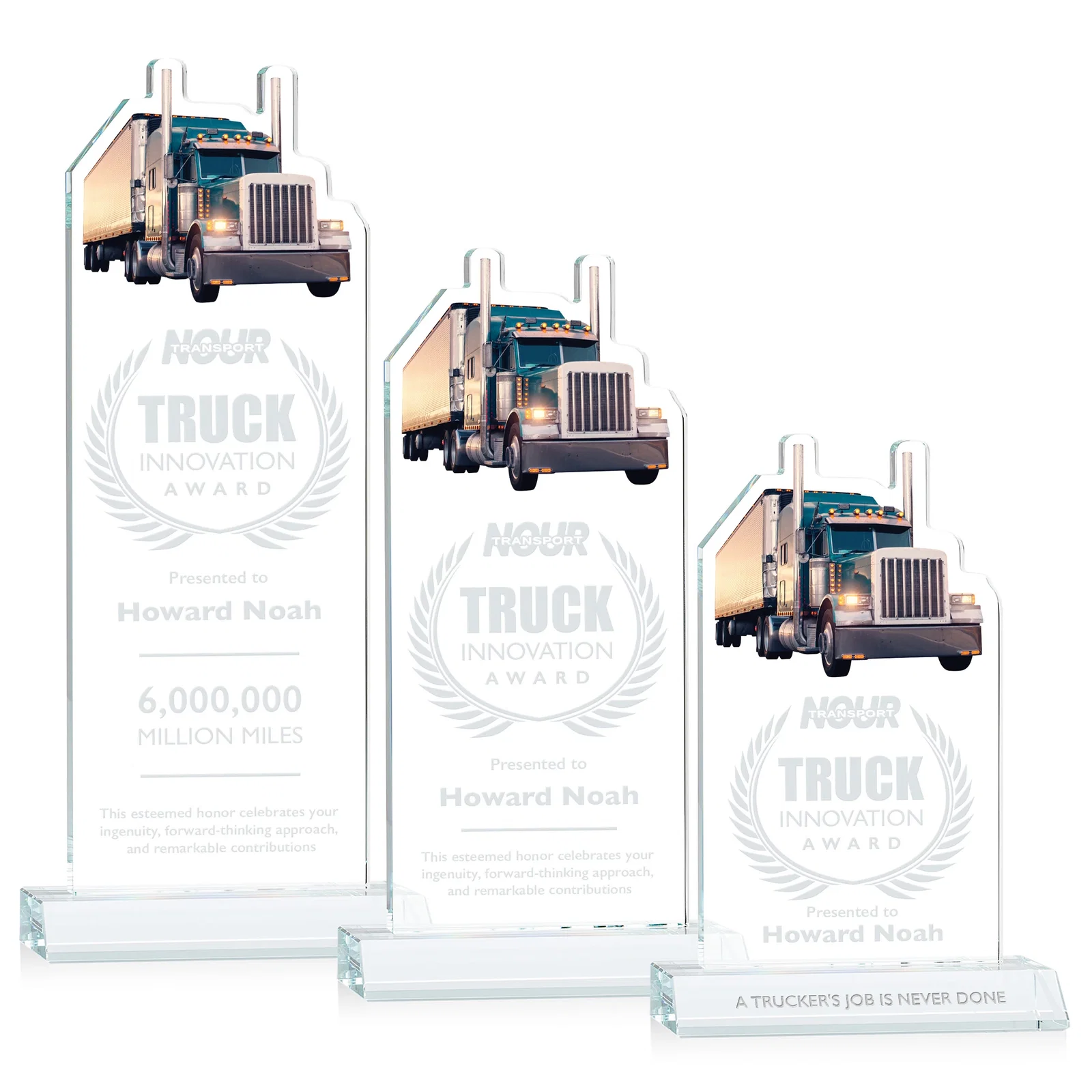 Custom Starfire Crystal Award With Truck Figure on Mitered Base for employee recognition