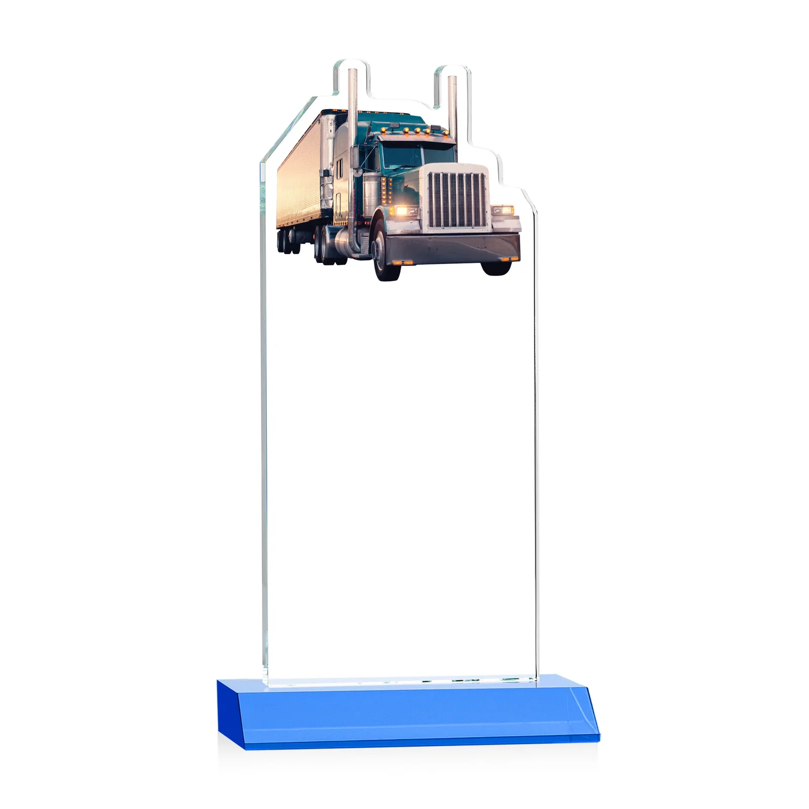 Custom Starfire Crystal Award With Truck Figure on Mitered Base, with your logo for employee recognition