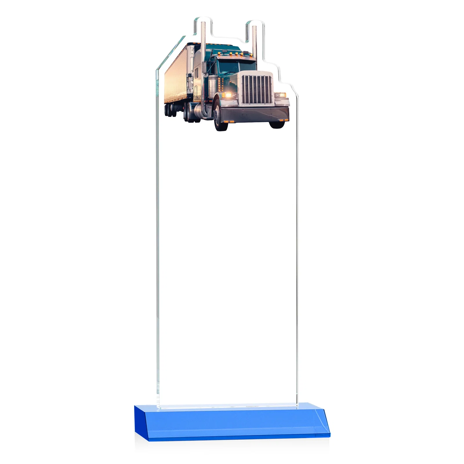 Custom Starfire Crystal Award With Truck Figure on Mitered Base, with your logo for corporate award ceremonies