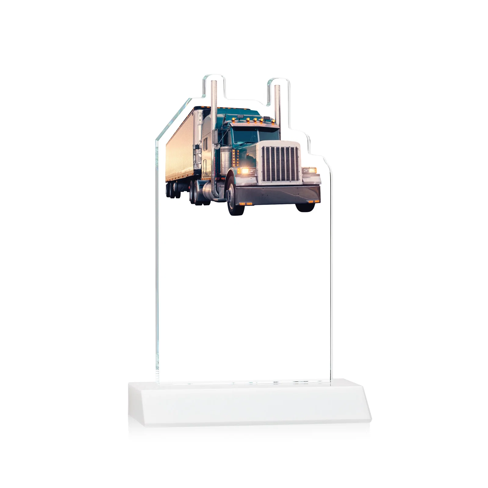 Custom Starfire Crystal Award With Truck Figure on Mitered Base, with your logo for service anniversary gifts