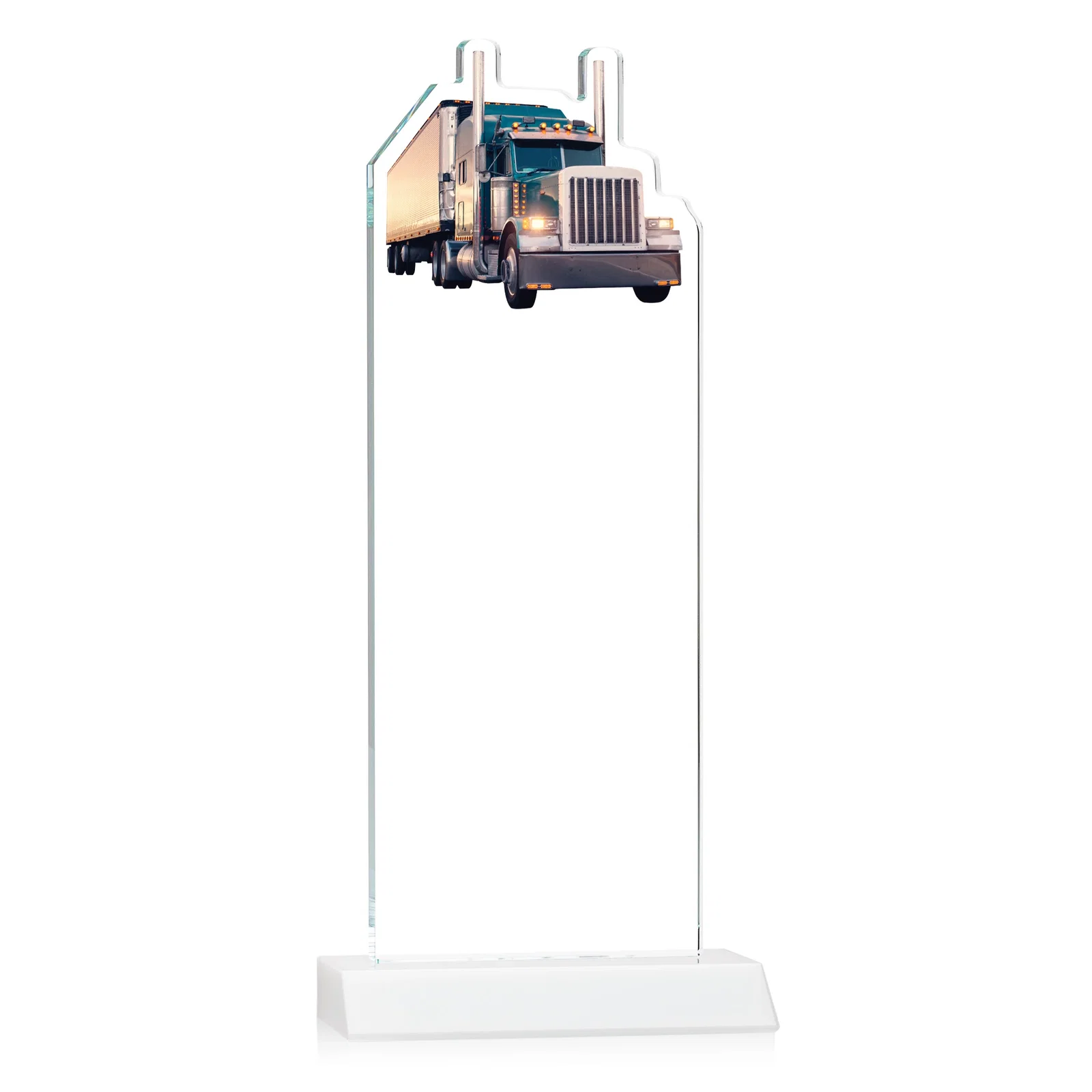 Custom Starfire Crystal Award With Truck Figure on Mitered Base, with your logo for retirement presentations