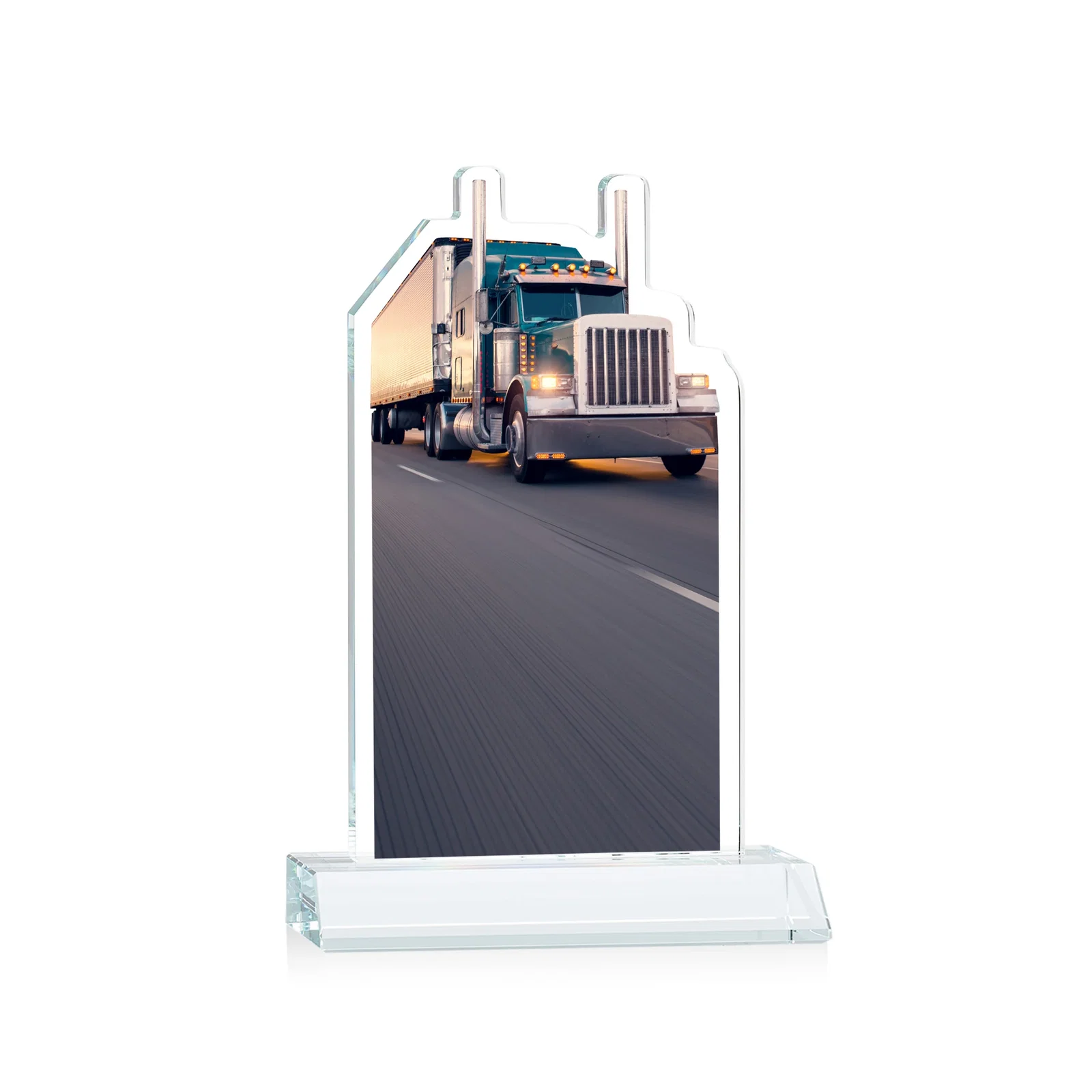 Custom Starfire Crystal Award With Truck Figure on Mitered Base, with your logo for team milestone celebrations