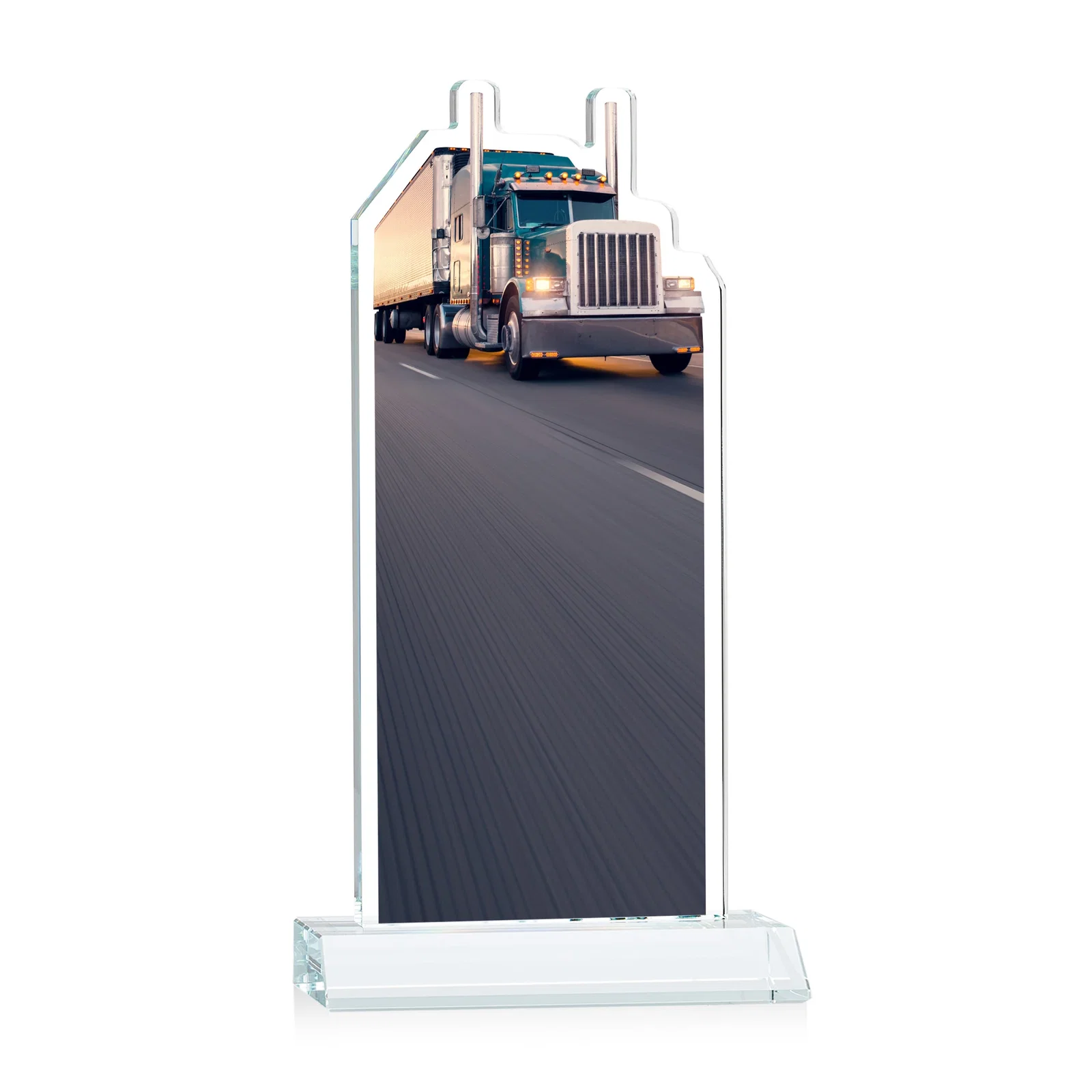 Custom Starfire Crystal Award With Truck Figure on Mitered Base, with your logo for donor appreciation