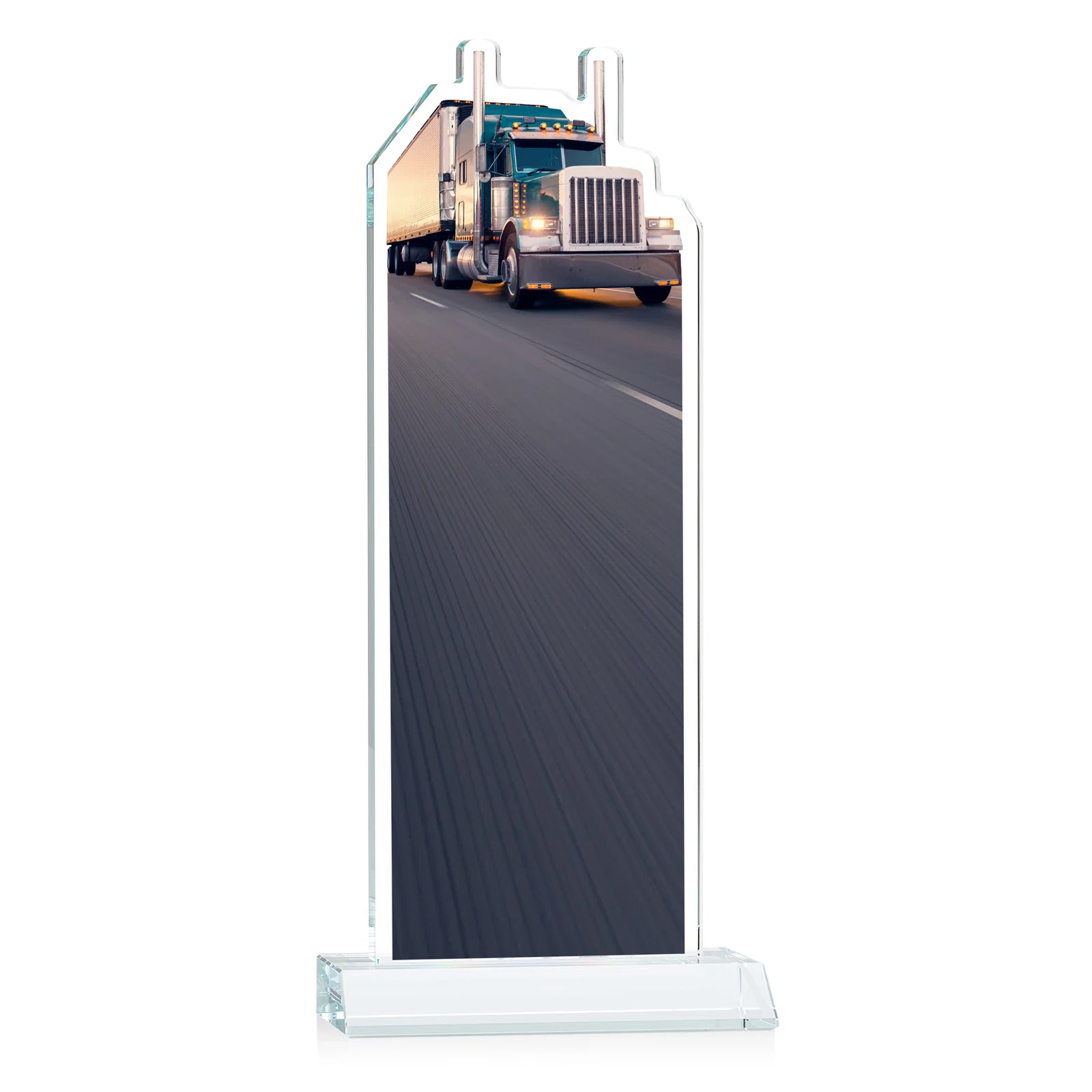 Custom Starfire Crystal Award With Truck Figure on Mitered Base, with your logo for graduation ceremonies