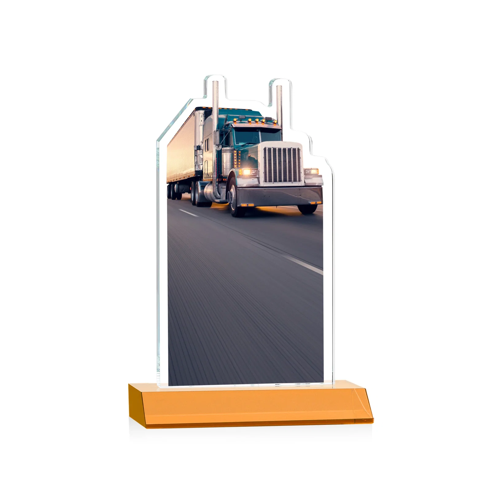 Custom Starfire Crystal Award With Truck Figure on Mitered Base, with your logo for safety achievement programs