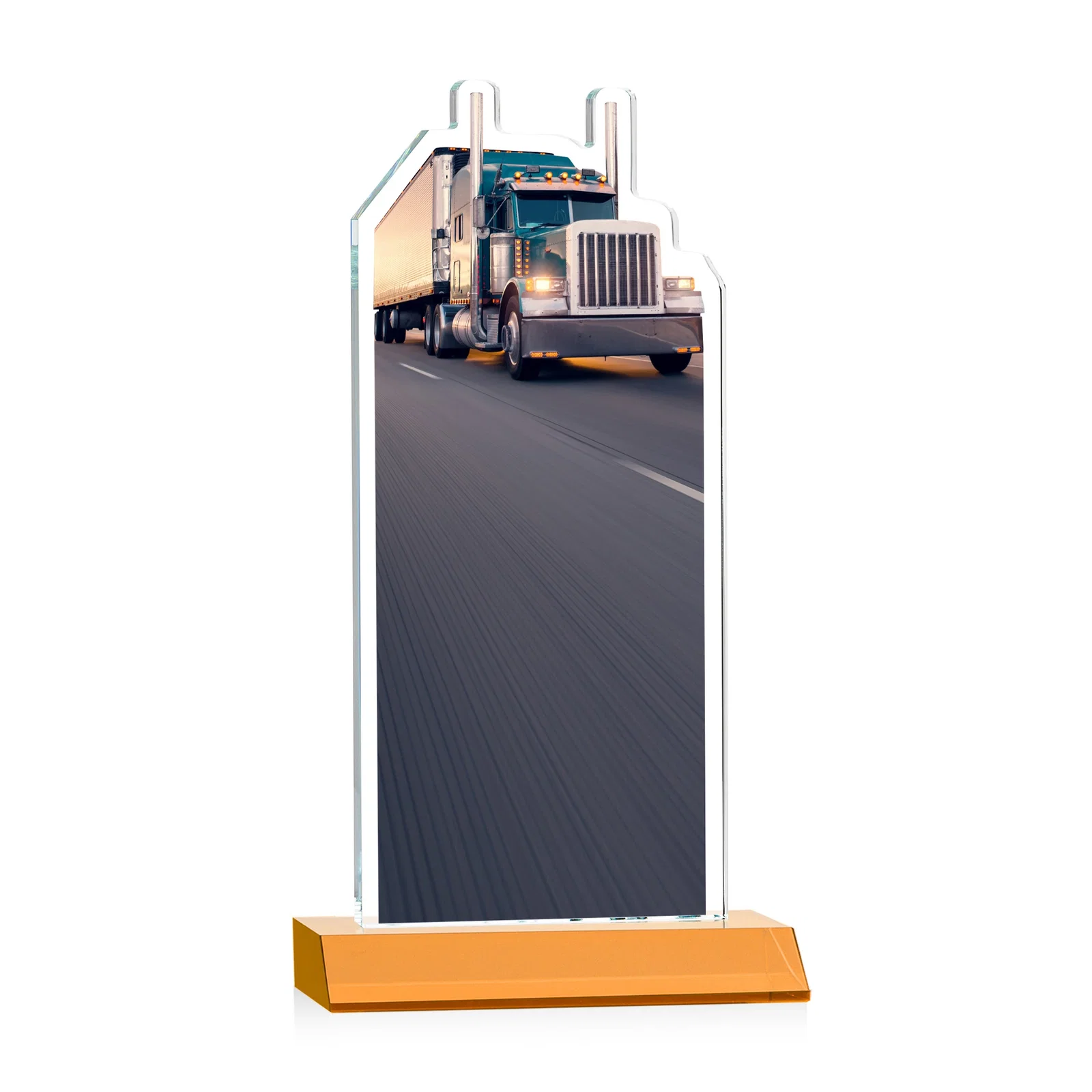 Custom Starfire Crystal Award With Truck Figure on Mitered Base, with your logo for volunteer appreciation