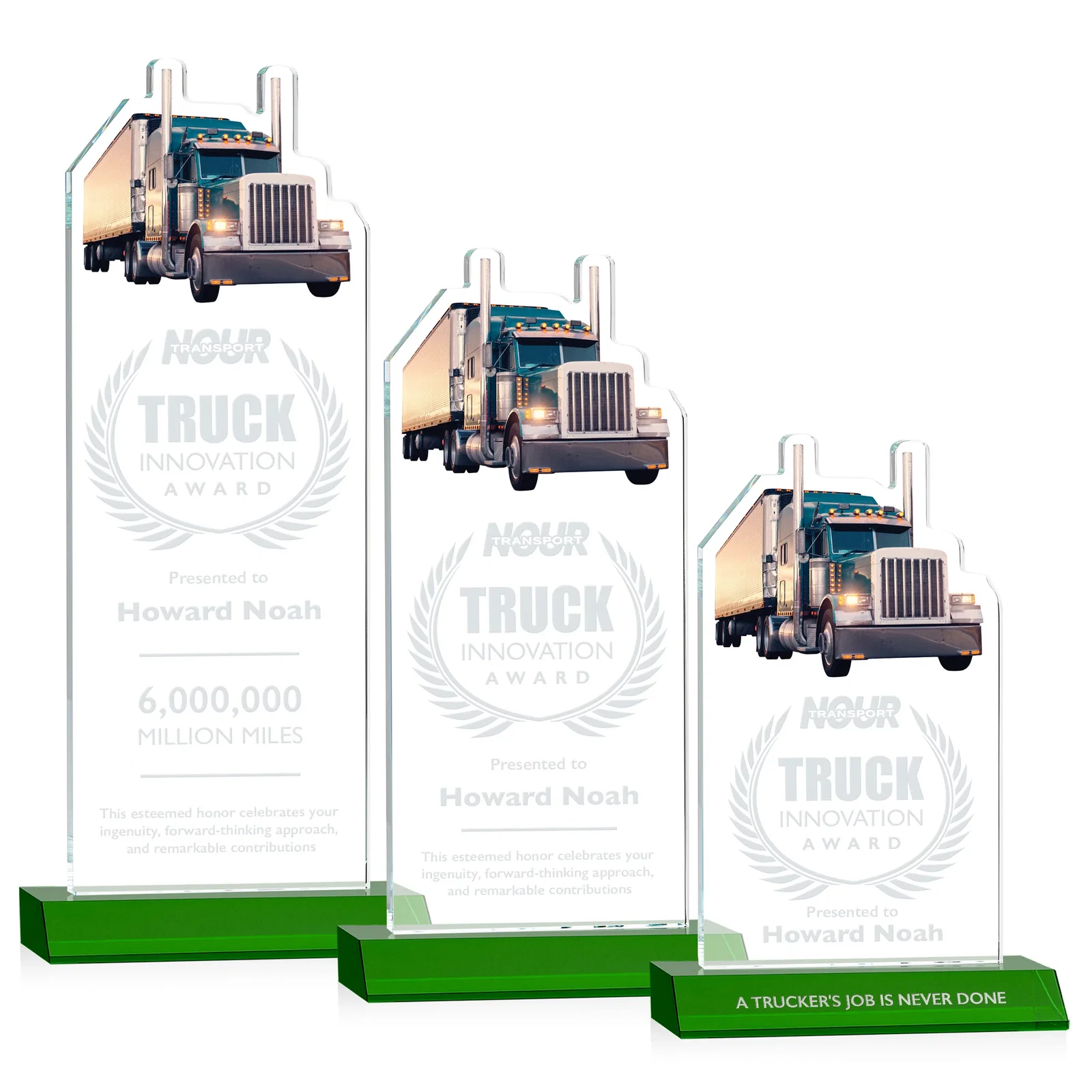 Custom Starfire Crystal Award With Truck Figure on Mitered Base for volunteer appreciation