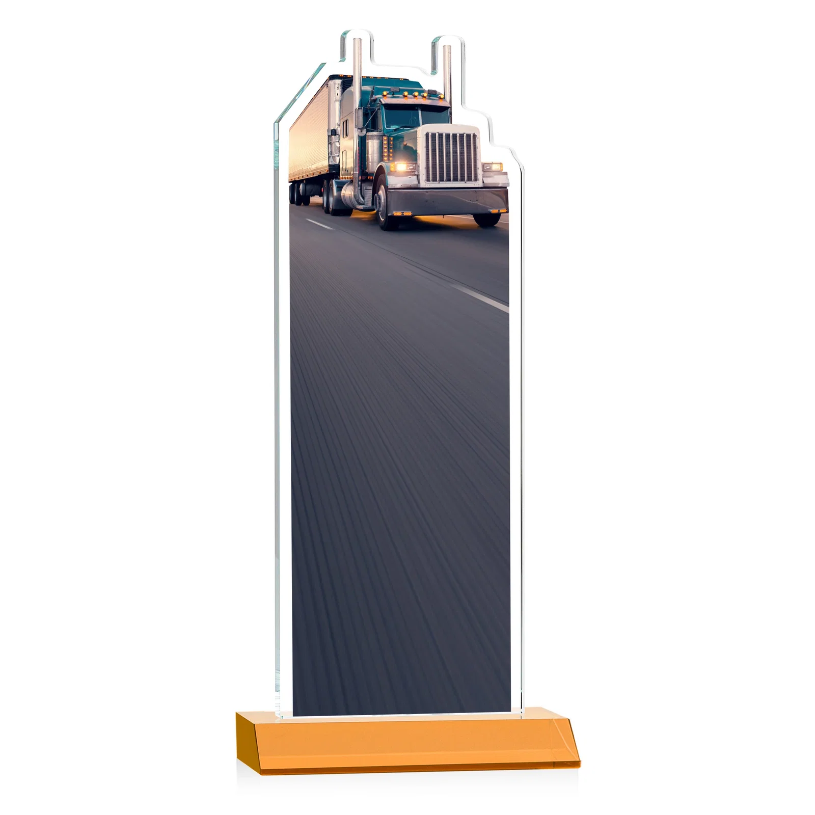 Custom Starfire Crystal Award With Truck Figure on Mitered Base, with your logo for dealer and partner awards