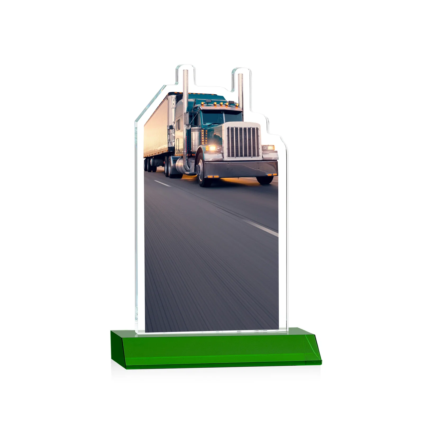 Custom Starfire Crystal Award With Truck Figure on Mitered Base, with your logo for company anniversary events