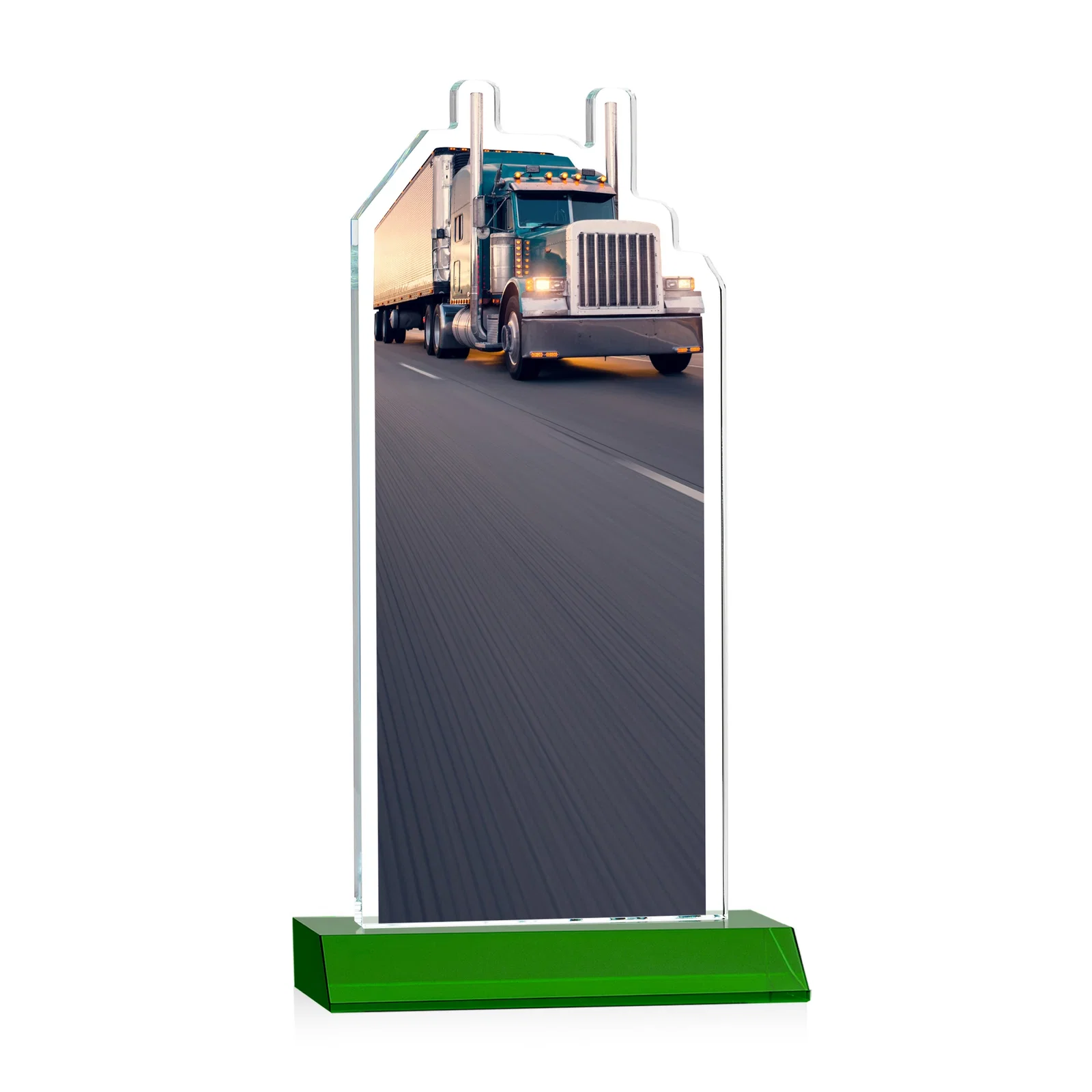 Personalized Starfire Crystal Award With Truck Figure on Mitered Base, with your logo for employee recognition