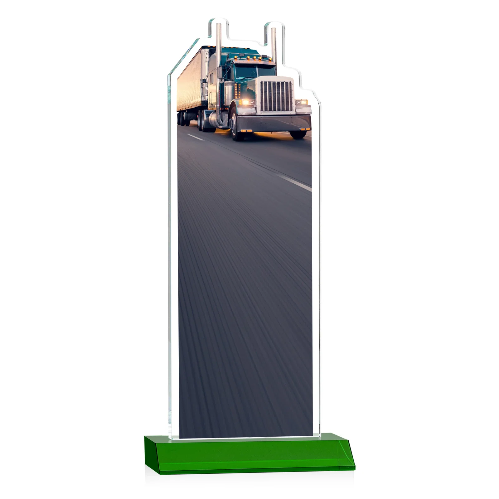 Personalized Starfire Crystal Award With Truck Figure on Mitered Base, with your logo for corporate award ceremonies