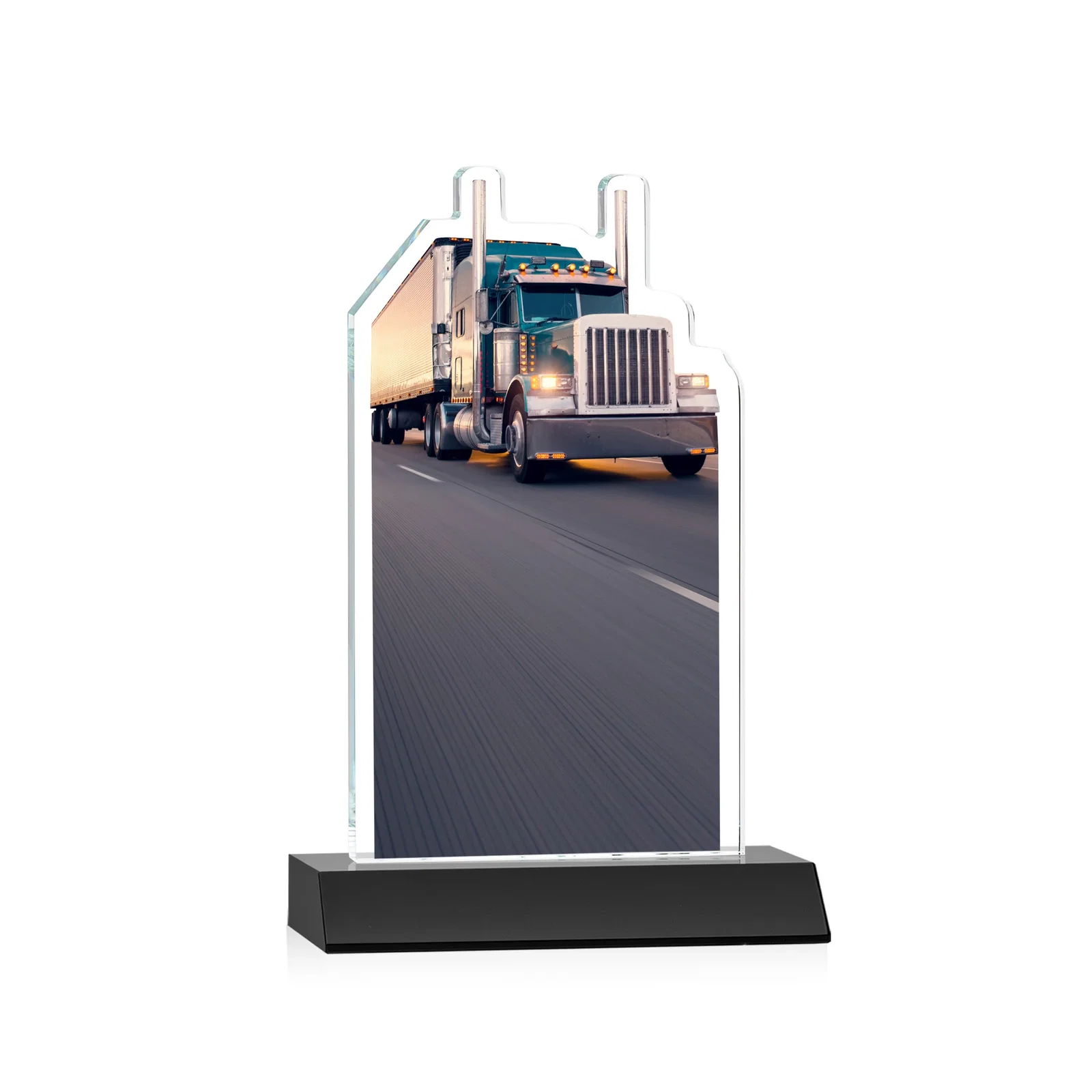 Personalized Starfire Crystal Award With Truck Figure on Mitered Base, with your logo for service anniversary gifts