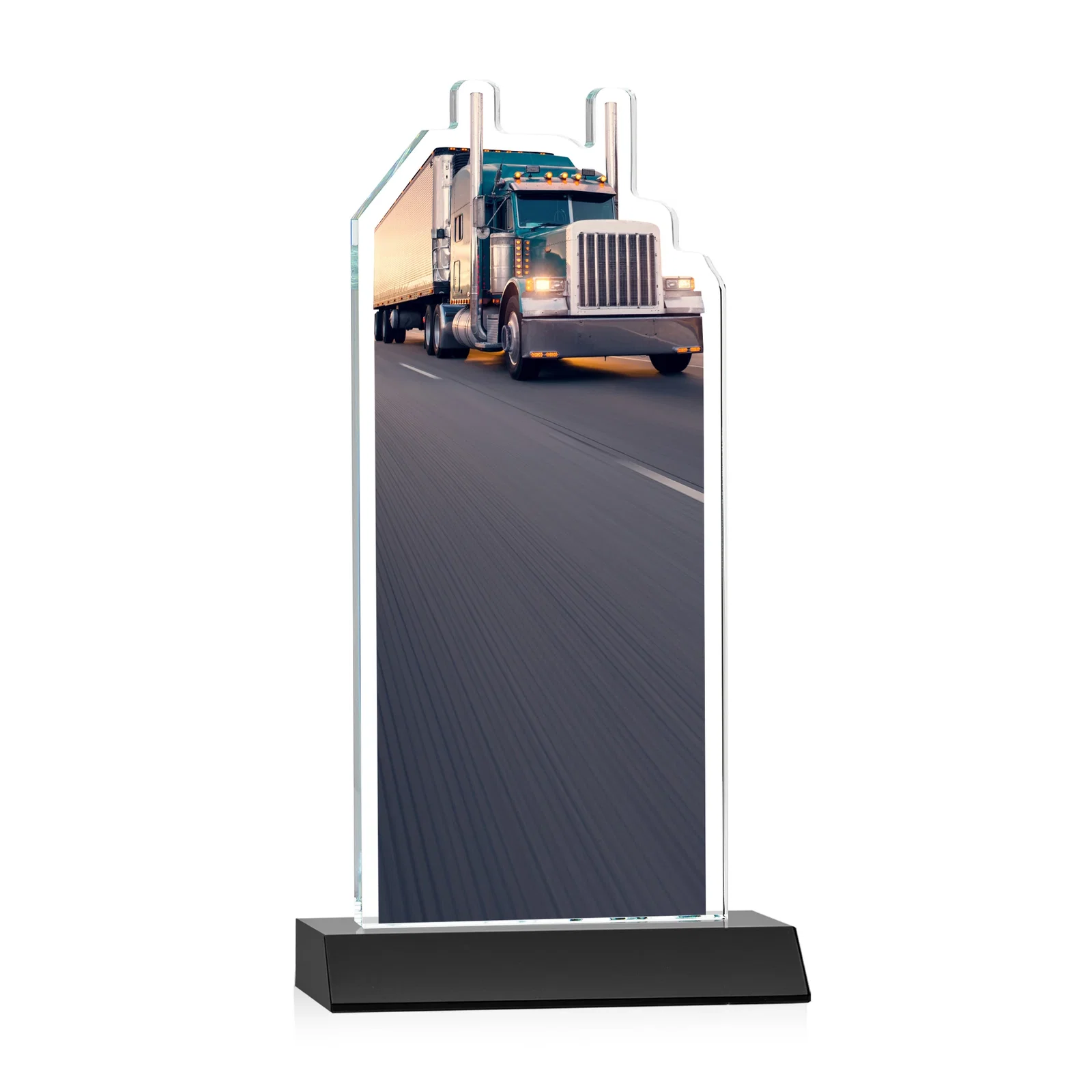 Personalized Starfire Crystal Award With Truck Figure on Mitered Base, with your logo for sales achievement awards