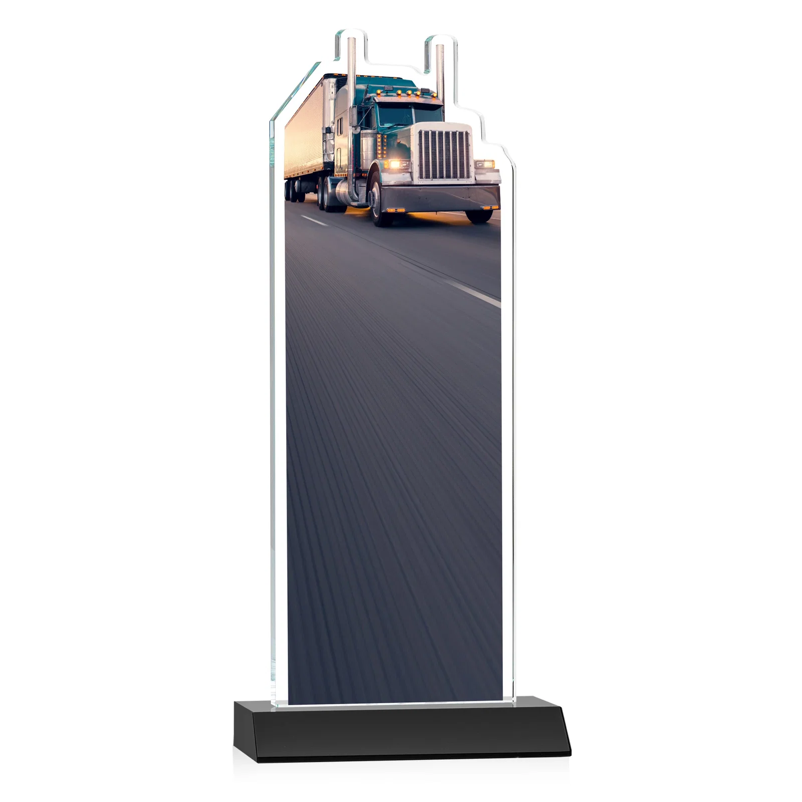 Personalized Starfire Crystal Award With Truck Figure on Mitered Base, with your logo for retirement presentations