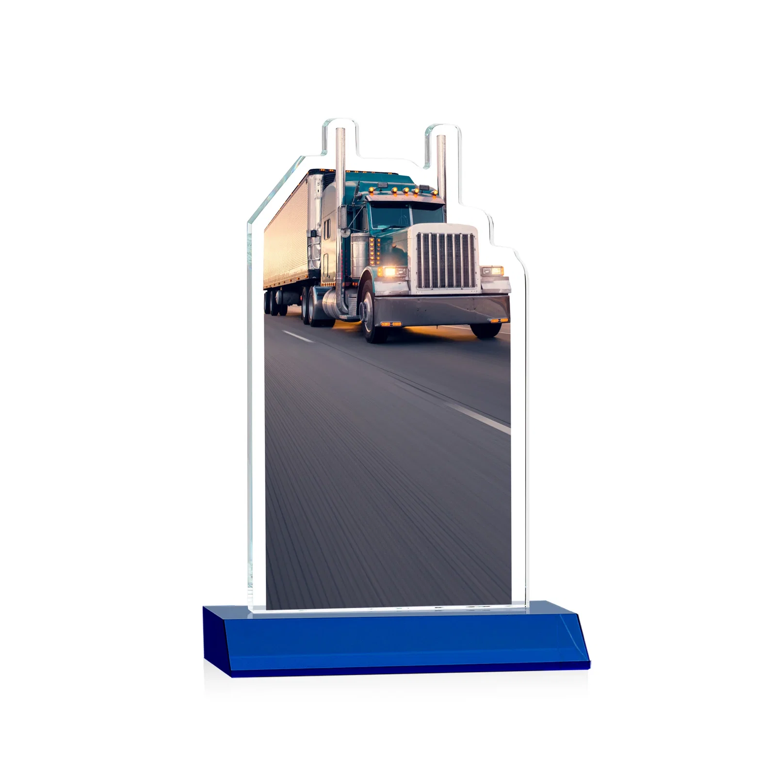 Personalized Starfire Crystal Award With Truck Figure on Mitered Base, with your logo for team milestone celebrations