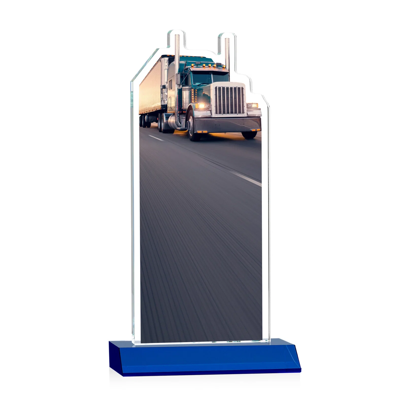 Personalized Starfire Crystal Award With Truck Figure on Mitered Base, with your logo for donor appreciation
