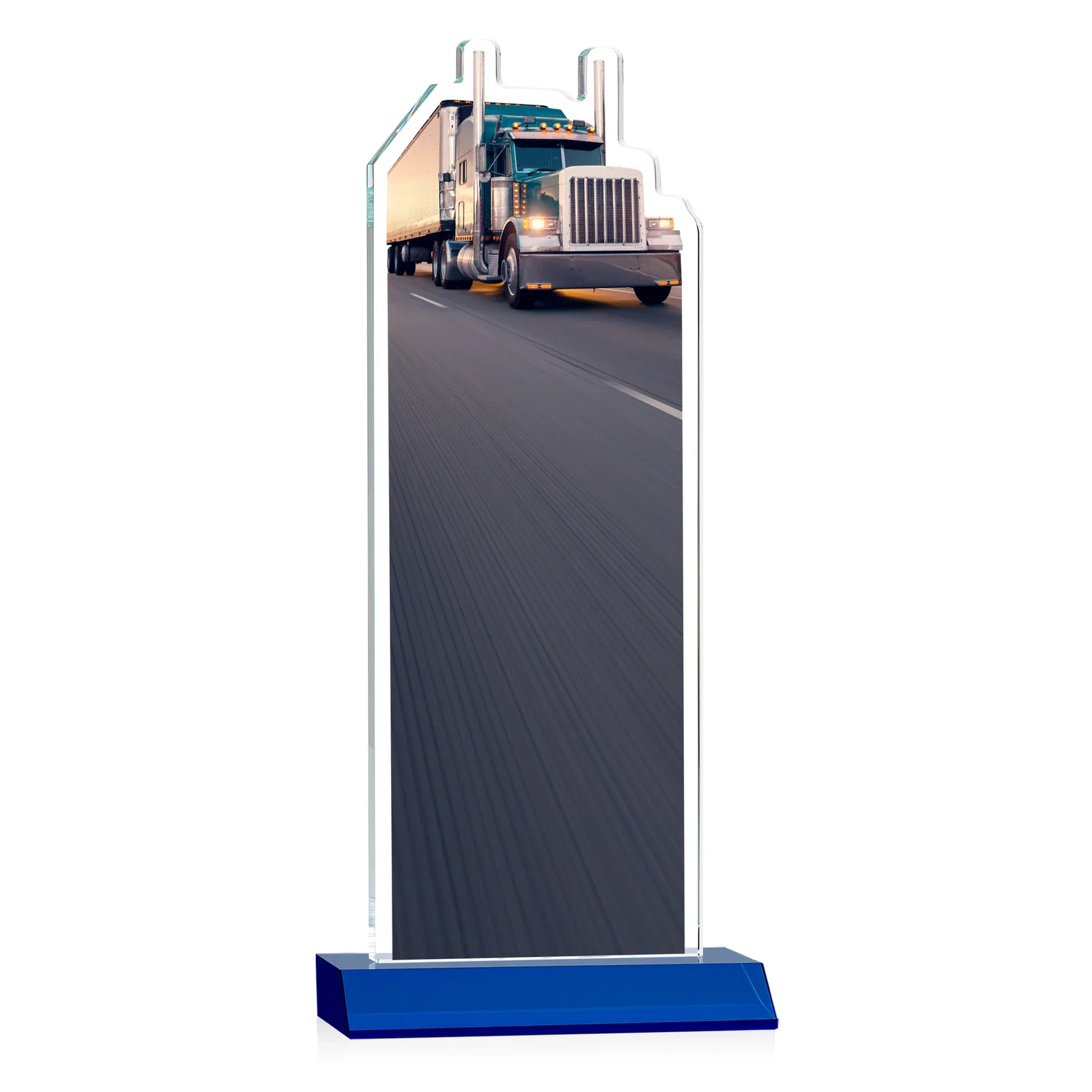 Personalized Starfire Crystal Award With Truck Figure on Mitered Base, with your logo for graduation ceremonies