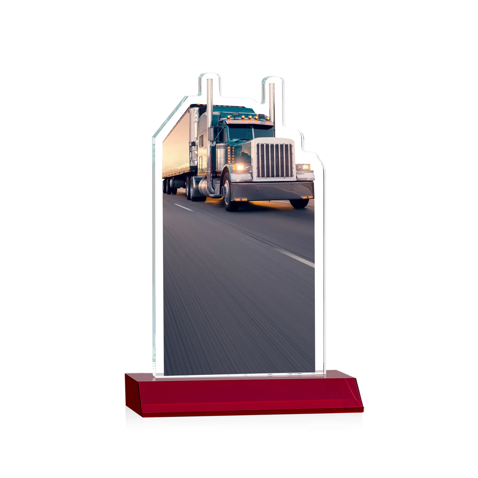 Personalized Starfire Crystal Award With Truck Figure on Mitered Base, with your logo for safety achievement programs