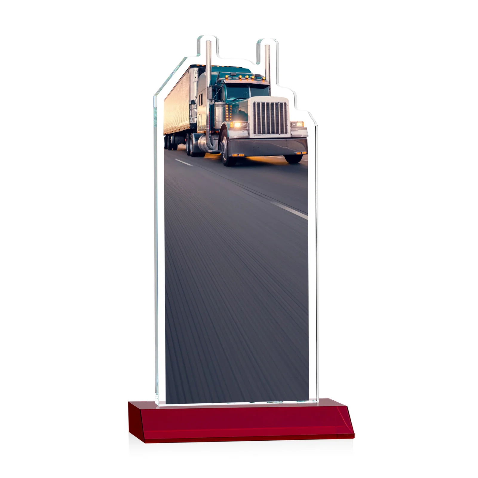 Personalized Starfire Crystal Award With Truck Figure on Mitered Base, with your logo for volunteer appreciation