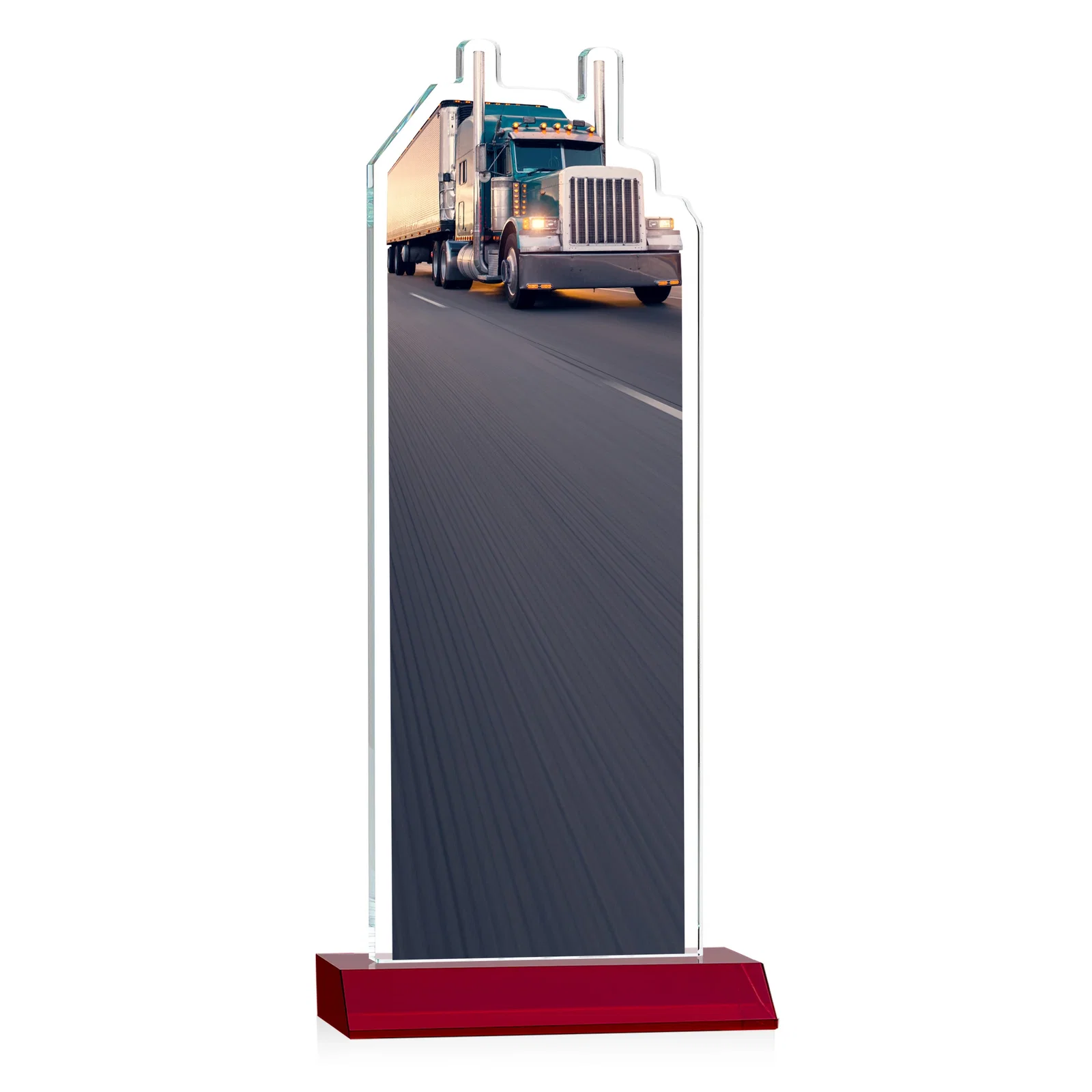 Personalized Starfire Crystal Award With Truck Figure on Mitered Base, with your logo for dealer and partner awards