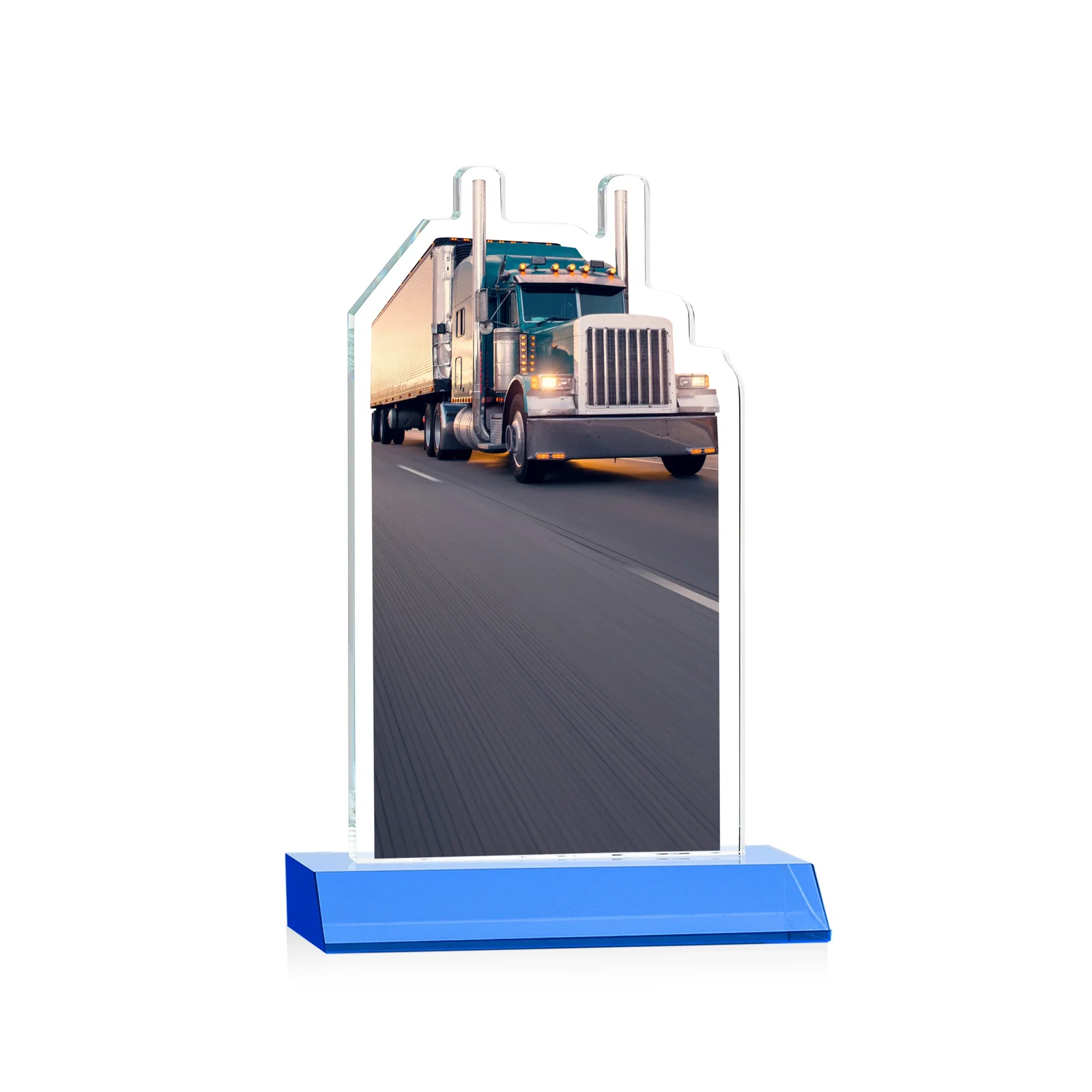 Personalized Starfire Crystal Award With Truck Figure on Mitered Base, with your logo for company anniversary events