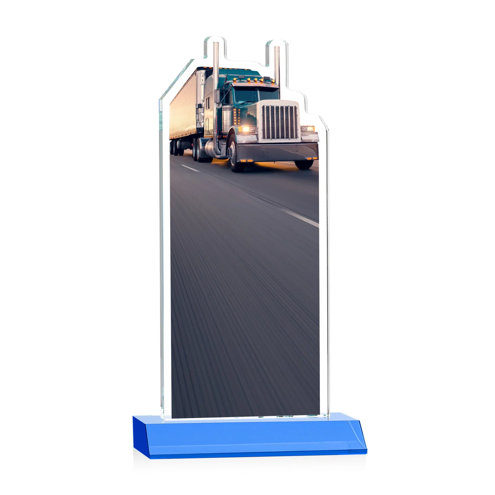 Promotional Starfire Crystal Award With Truck Figure on Mitered Base, with your logo for employee recognition