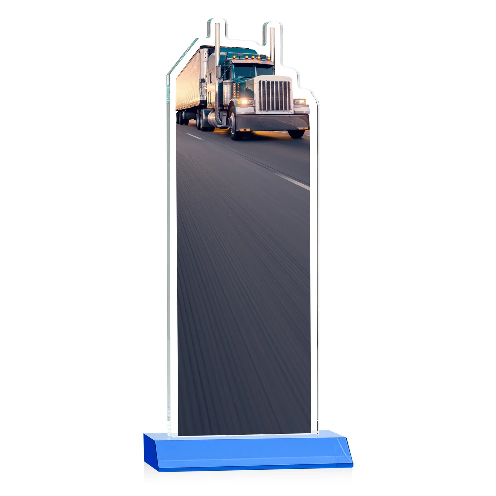 Promotional Starfire Crystal Award With Truck Figure on Mitered Base, with your logo for corporate award ceremonies