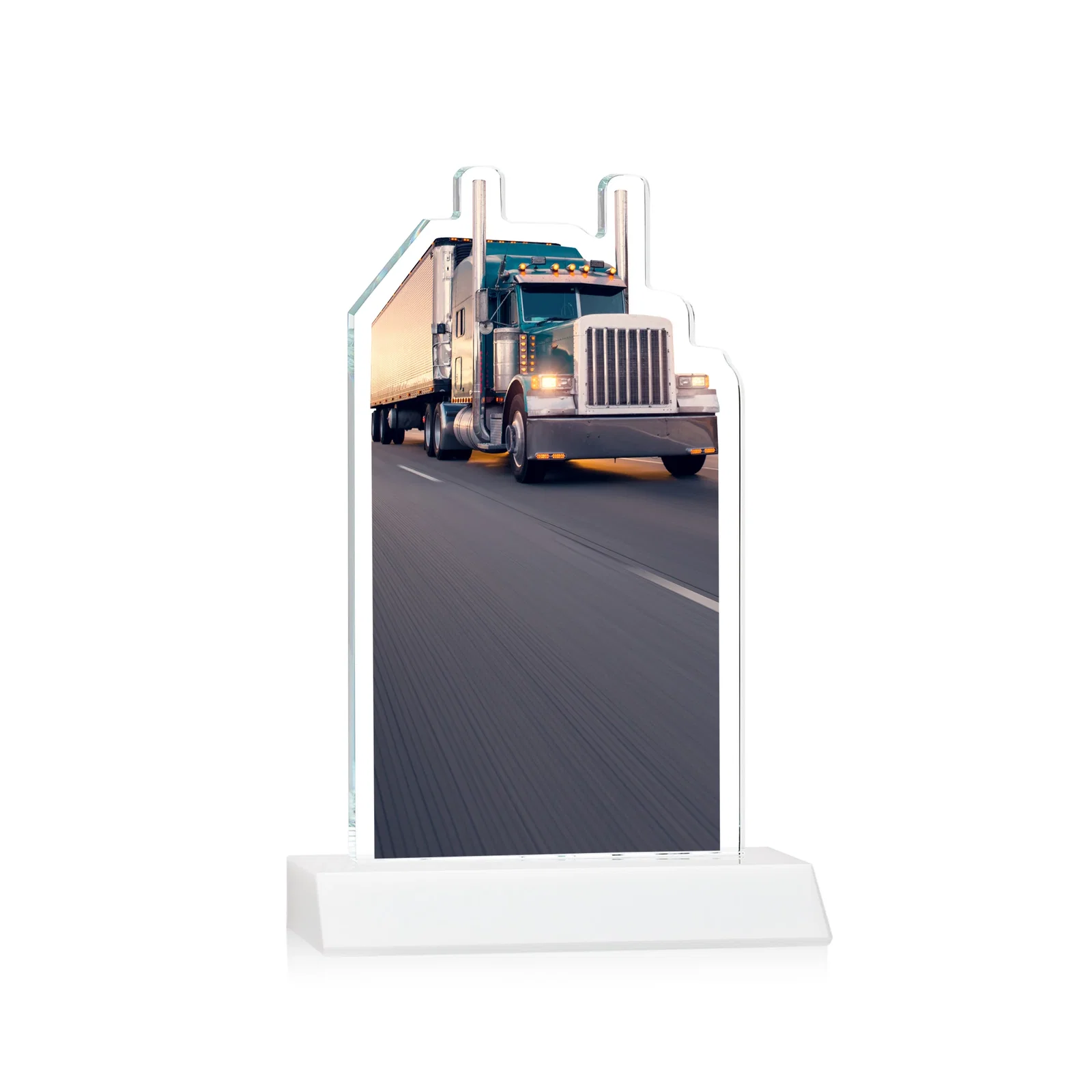 Promotional Starfire Crystal Award With Truck Figure on Mitered Base, with your logo for service anniversary gifts