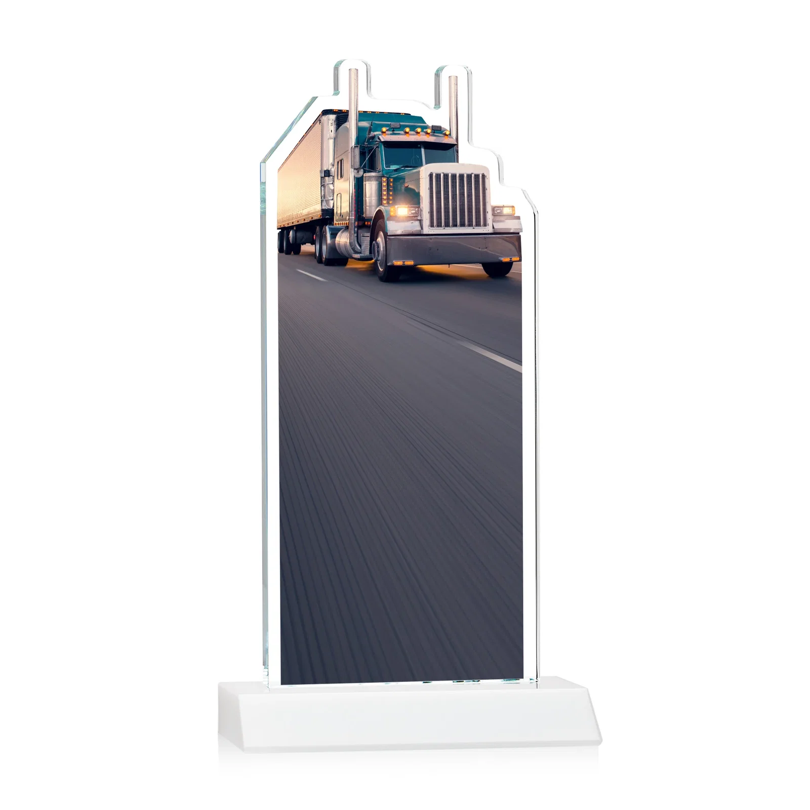 Promotional Starfire Crystal Award With Truck Figure on Mitered Base, with your logo for sales achievement awards