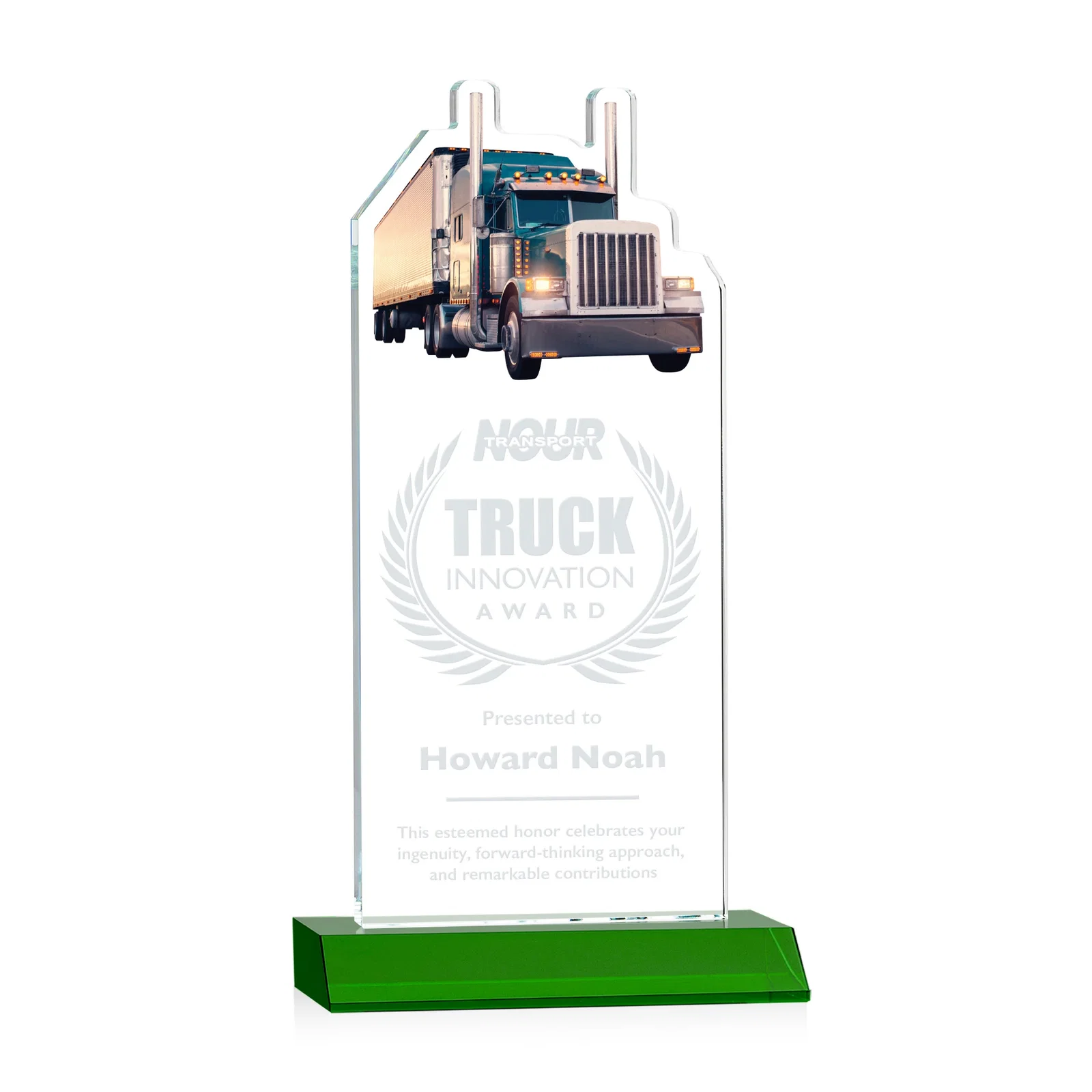 Custom Starfire Crystal Award With Truck Figure on Mitered Base for company anniversary events