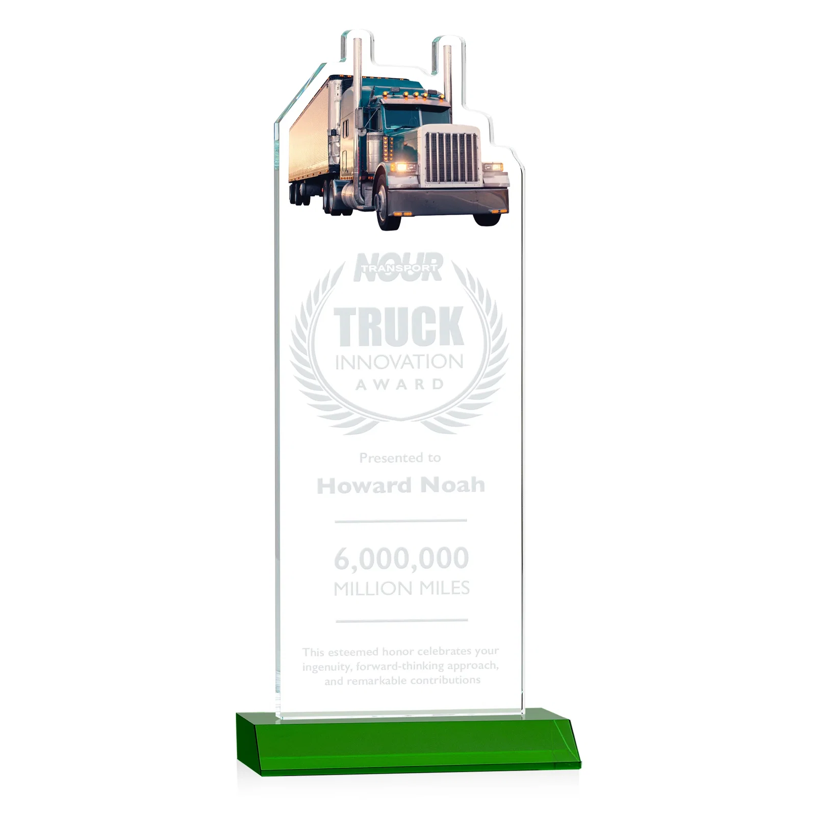 Personalized Starfire Crystal Award With Truck Figure on Mitered Base for employee recognition