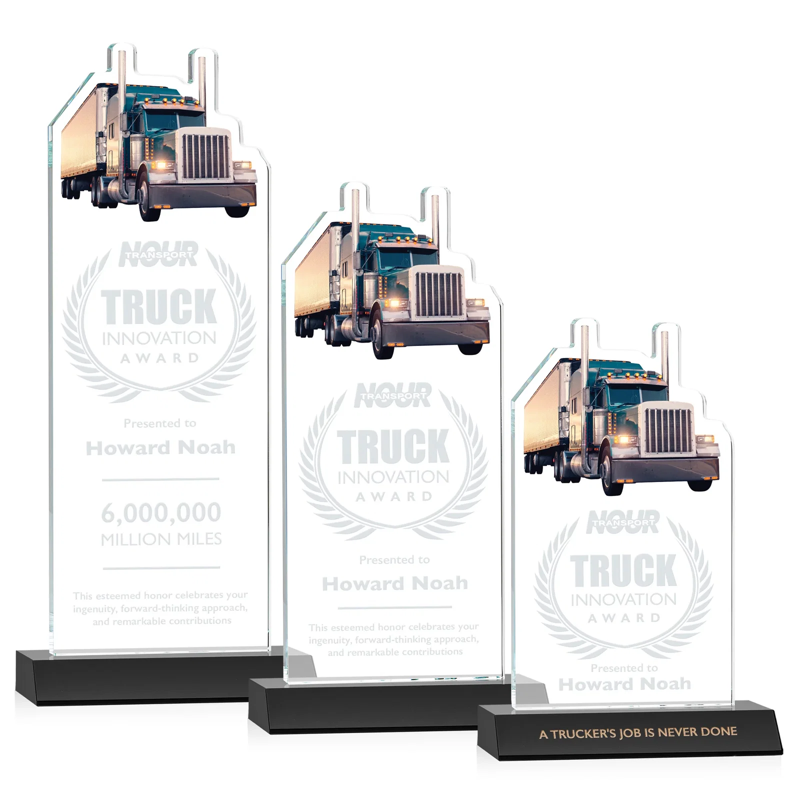 Personalized Starfire Crystal Award With Truck Figure on Mitered Base for corporate award ceremonies