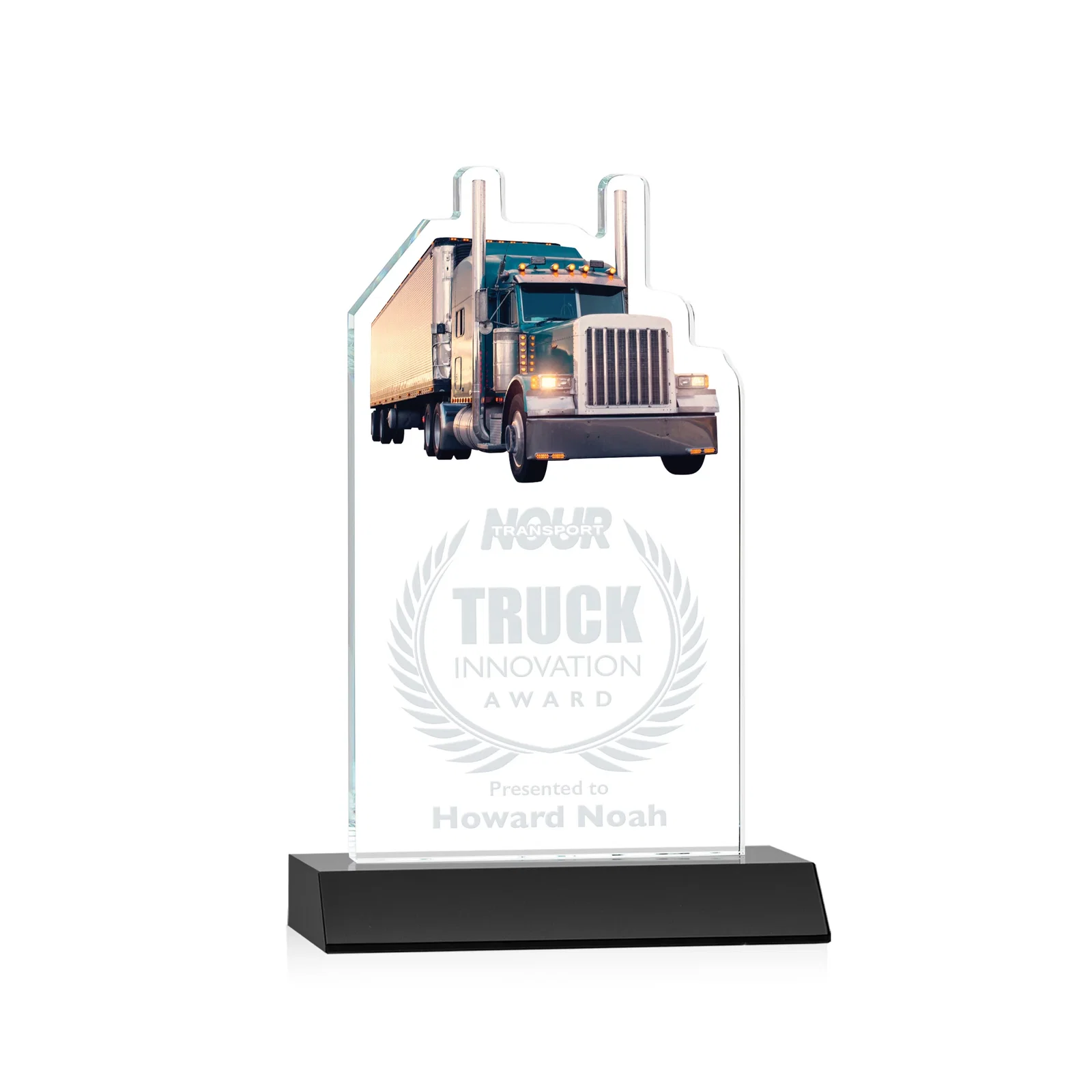 Personalized Starfire Crystal Award With Truck Figure on Mitered Base for service anniversary gifts
