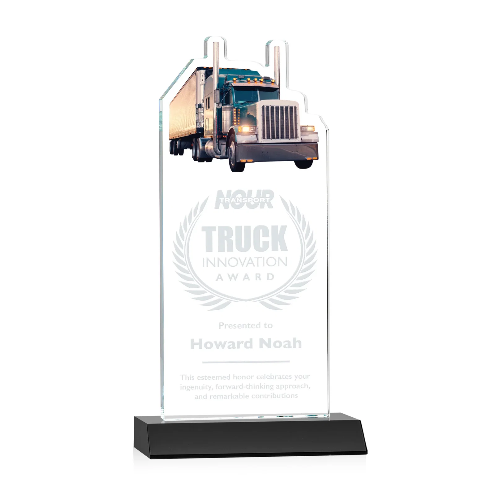 Personalized Starfire Crystal Award With Truck Figure on Mitered Base for sales achievement awards