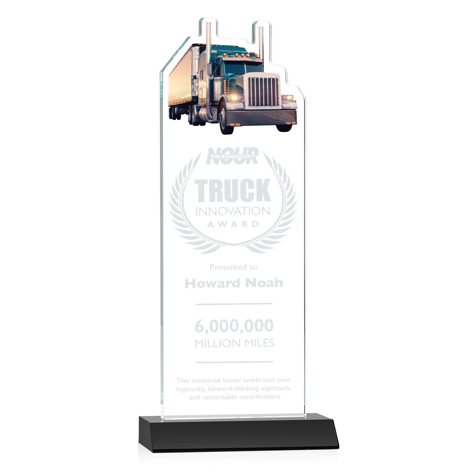 Personalized Starfire Crystal Award With Truck Figure on Mitered Base for retirement presentations
