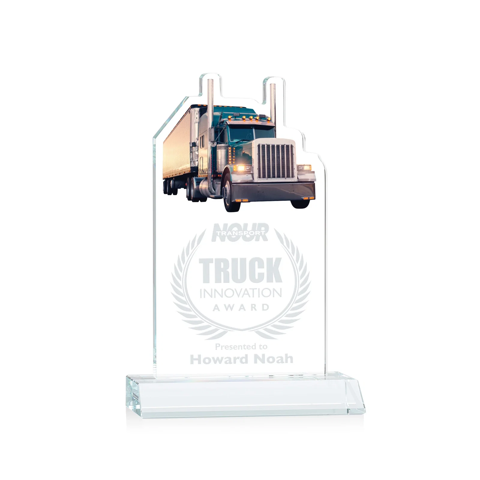 Custom Starfire Crystal Award With Truck Figure on Mitered Base for corporate award ceremonies