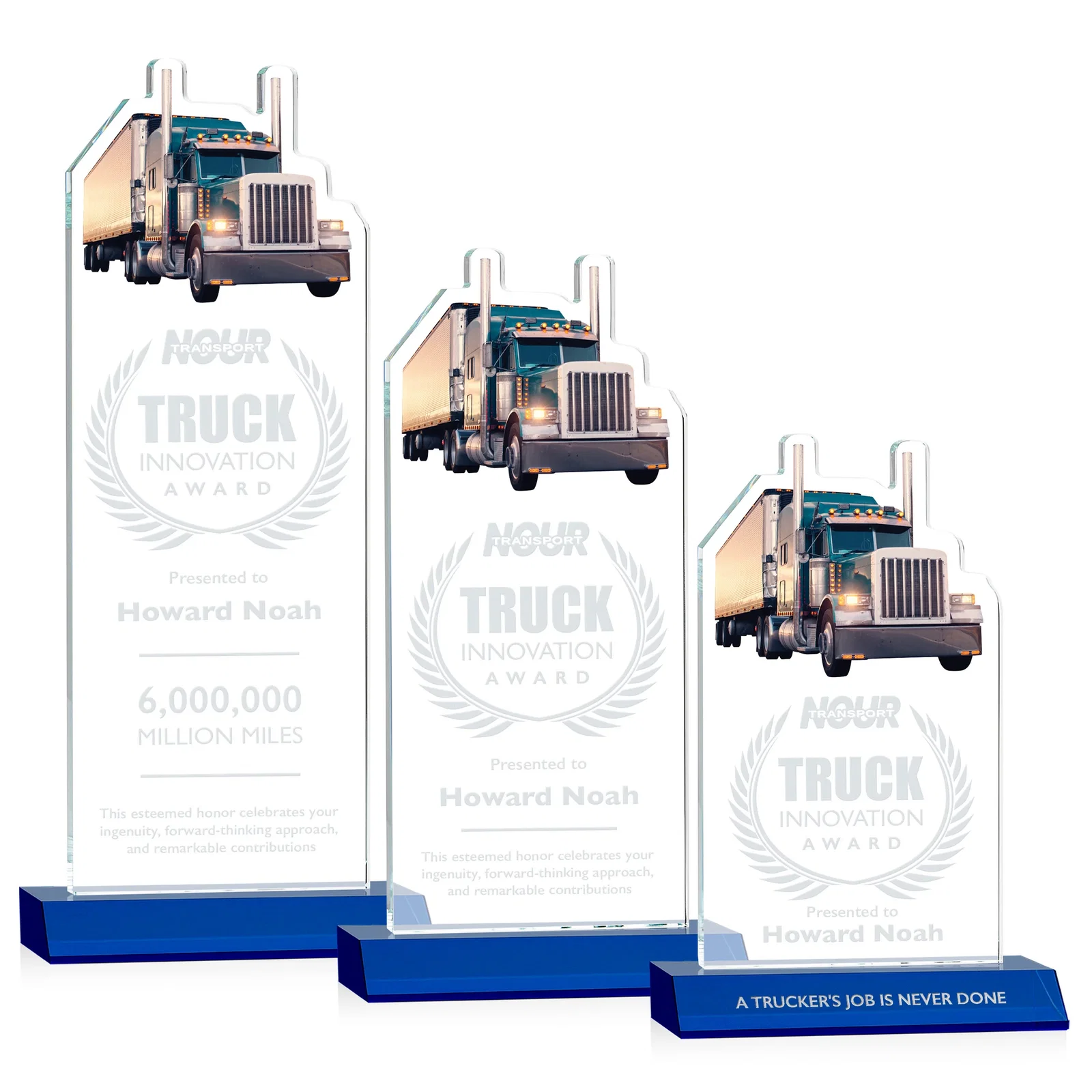 Personalized Starfire Crystal Award With Truck Figure on Mitered Base for team milestone celebrations