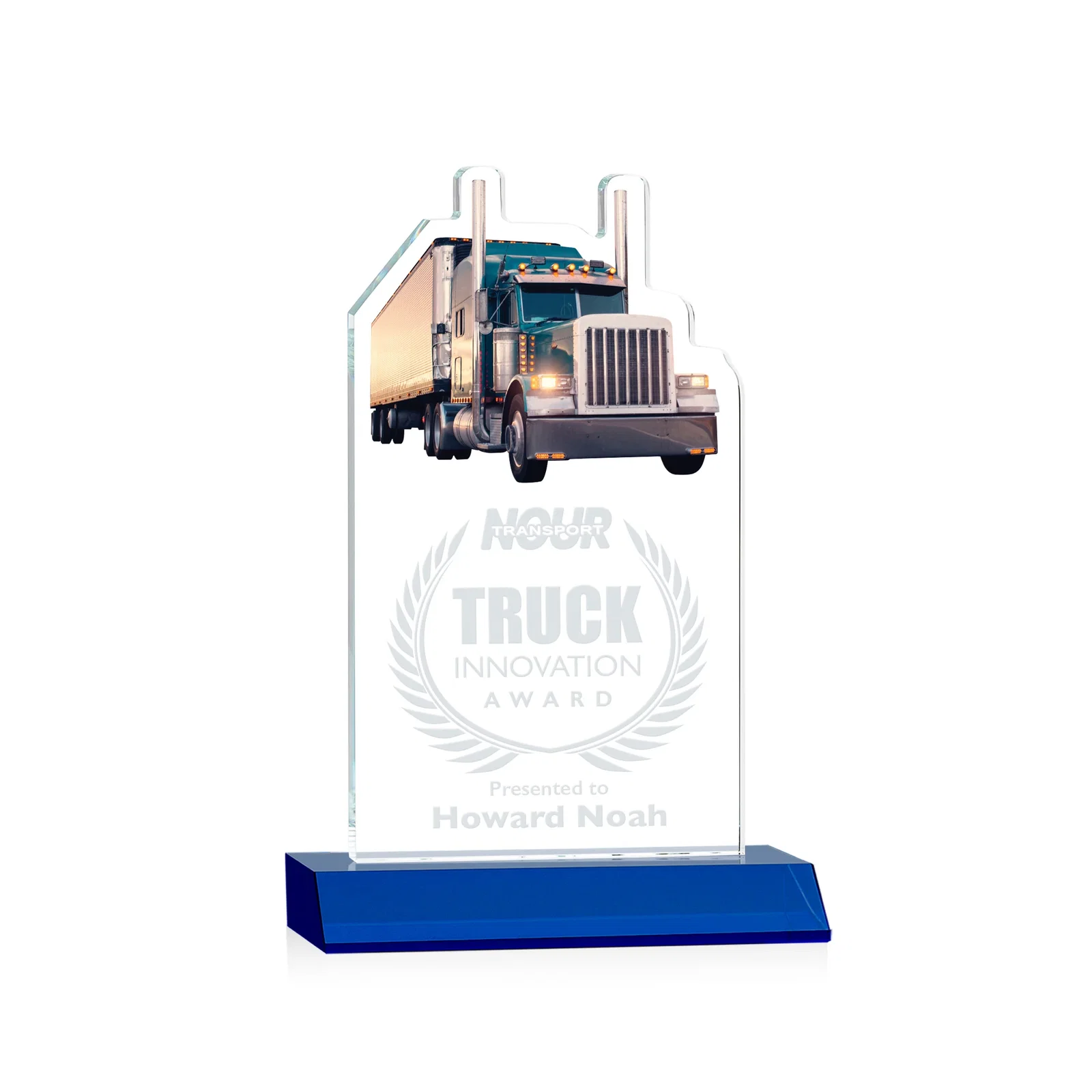 Personalized Starfire Crystal Award With Truck Figure on Mitered Base for donor appreciation