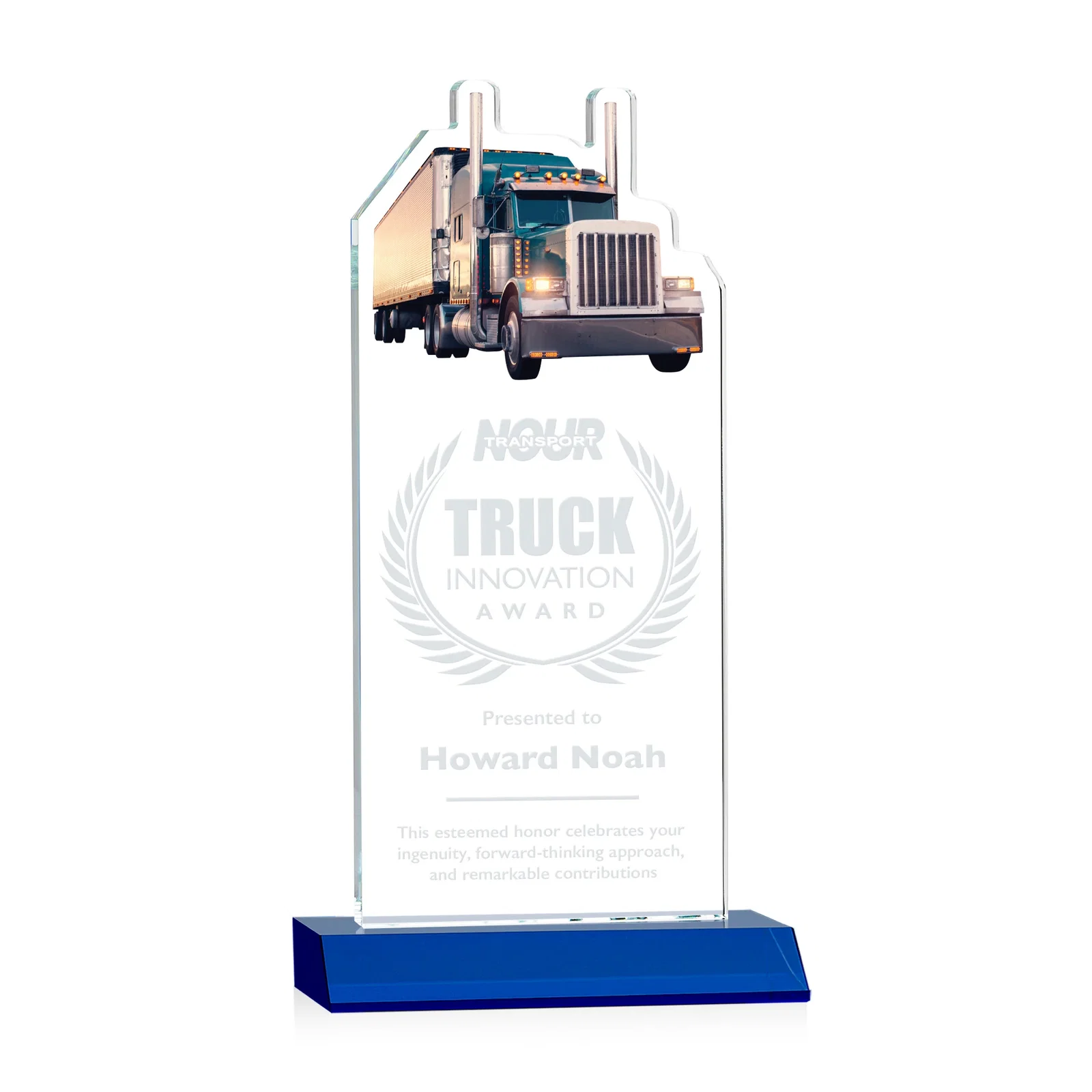 Personalized Starfire Crystal Award With Truck Figure on Mitered Base for graduation ceremonies