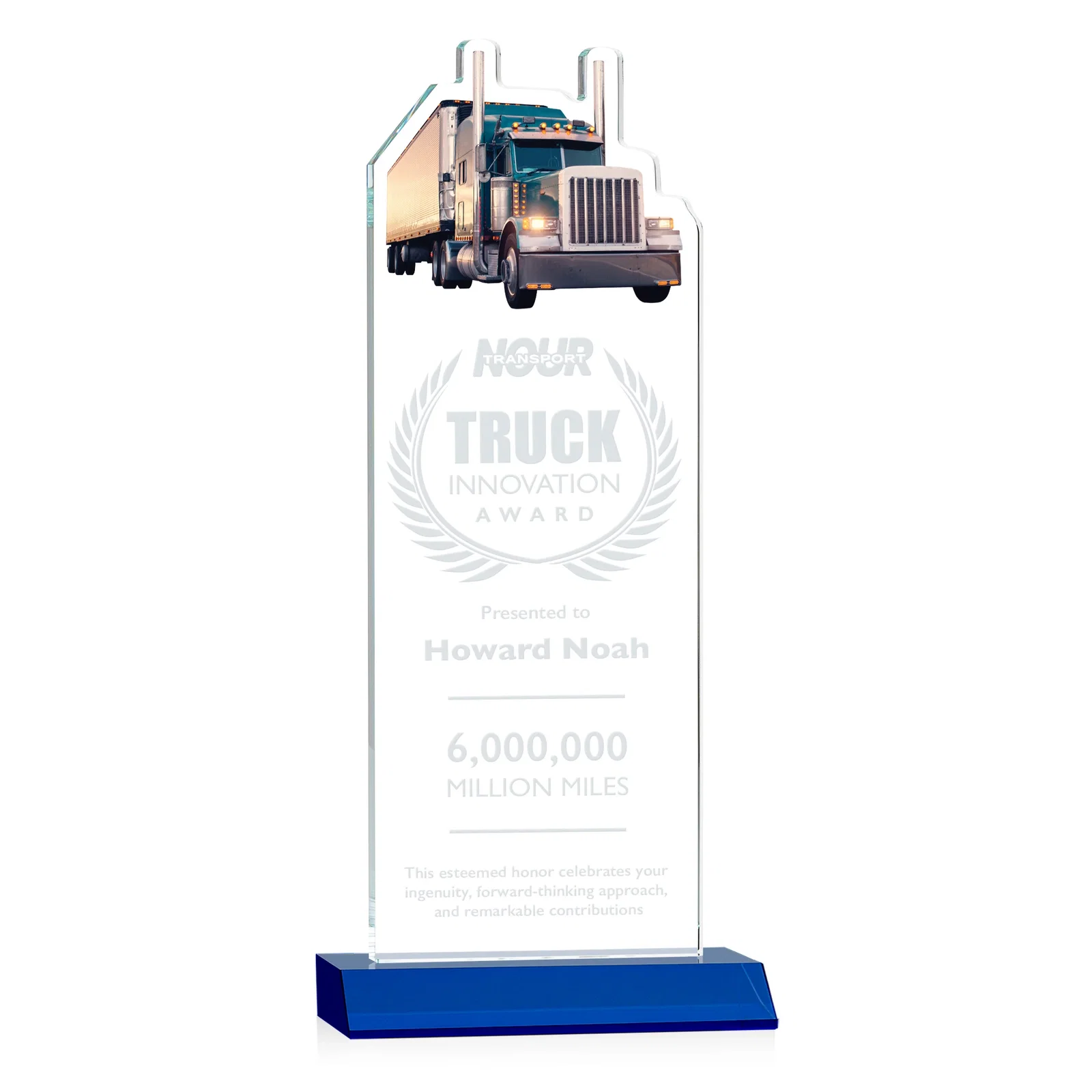 Personalized Starfire Crystal Award With Truck Figure on Mitered Base for safety achievement programs