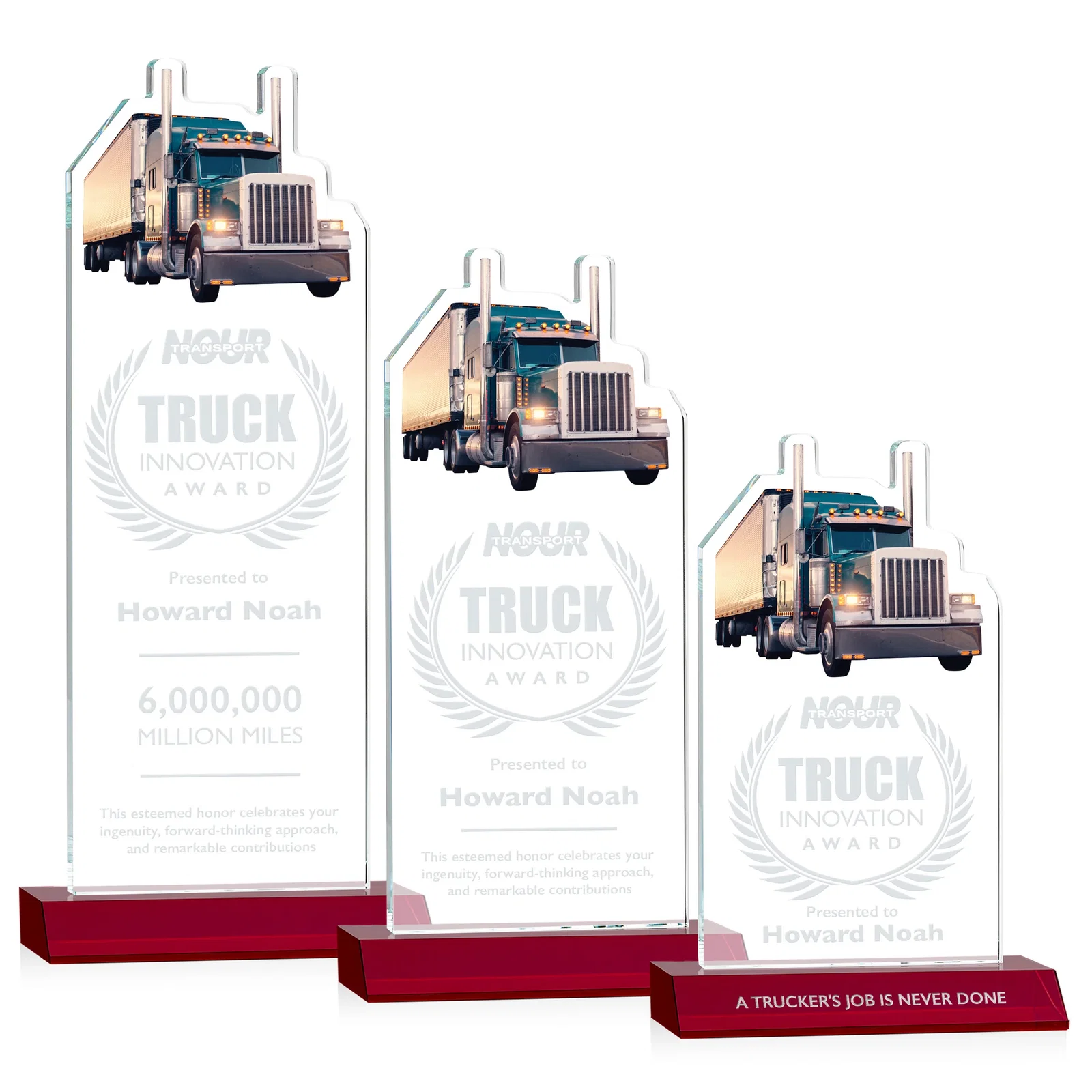 Personalized Starfire Crystal Award With Truck Figure on Mitered Base for volunteer appreciation