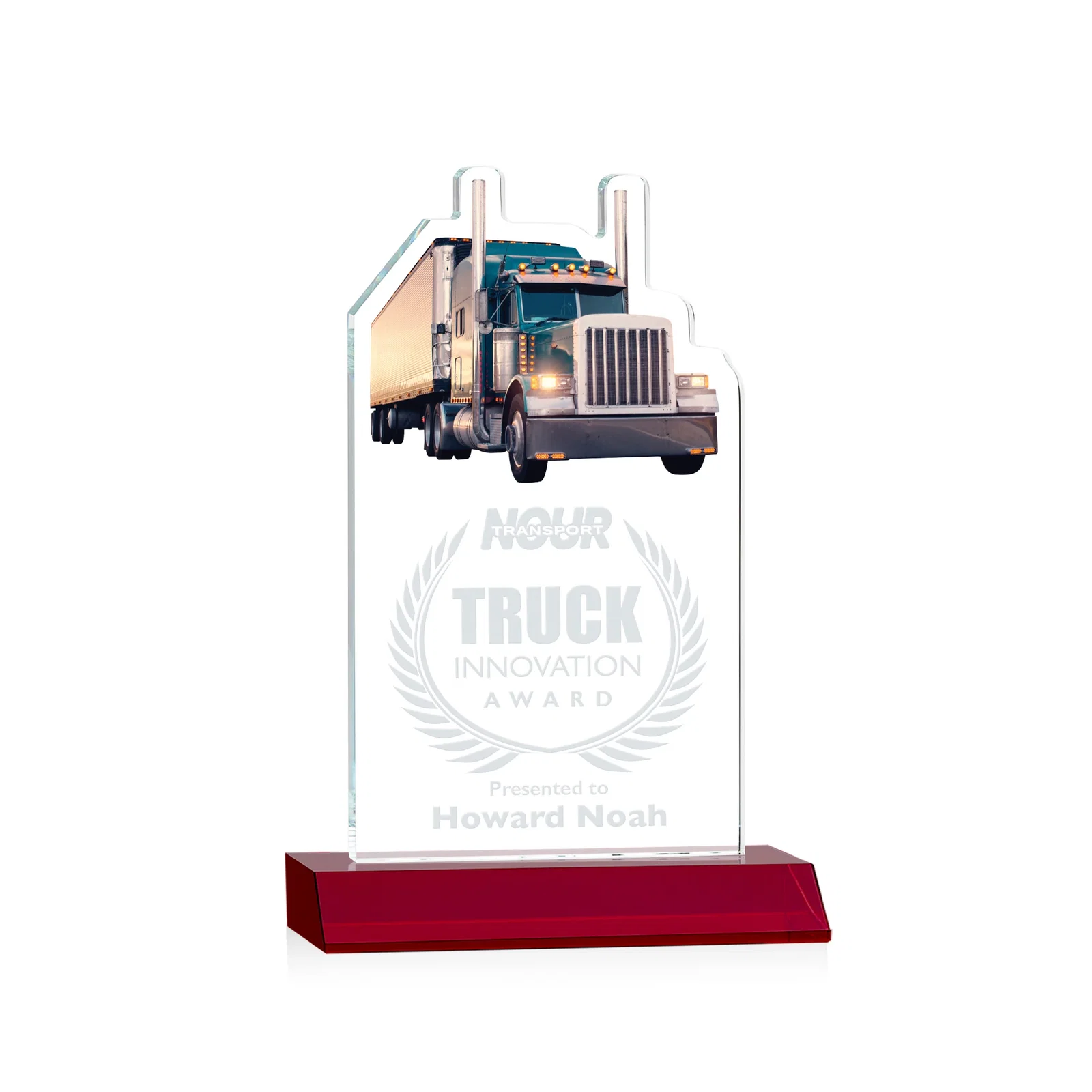 Personalized Starfire Crystal Award With Truck Figure on Mitered Base for dealer and partner awards