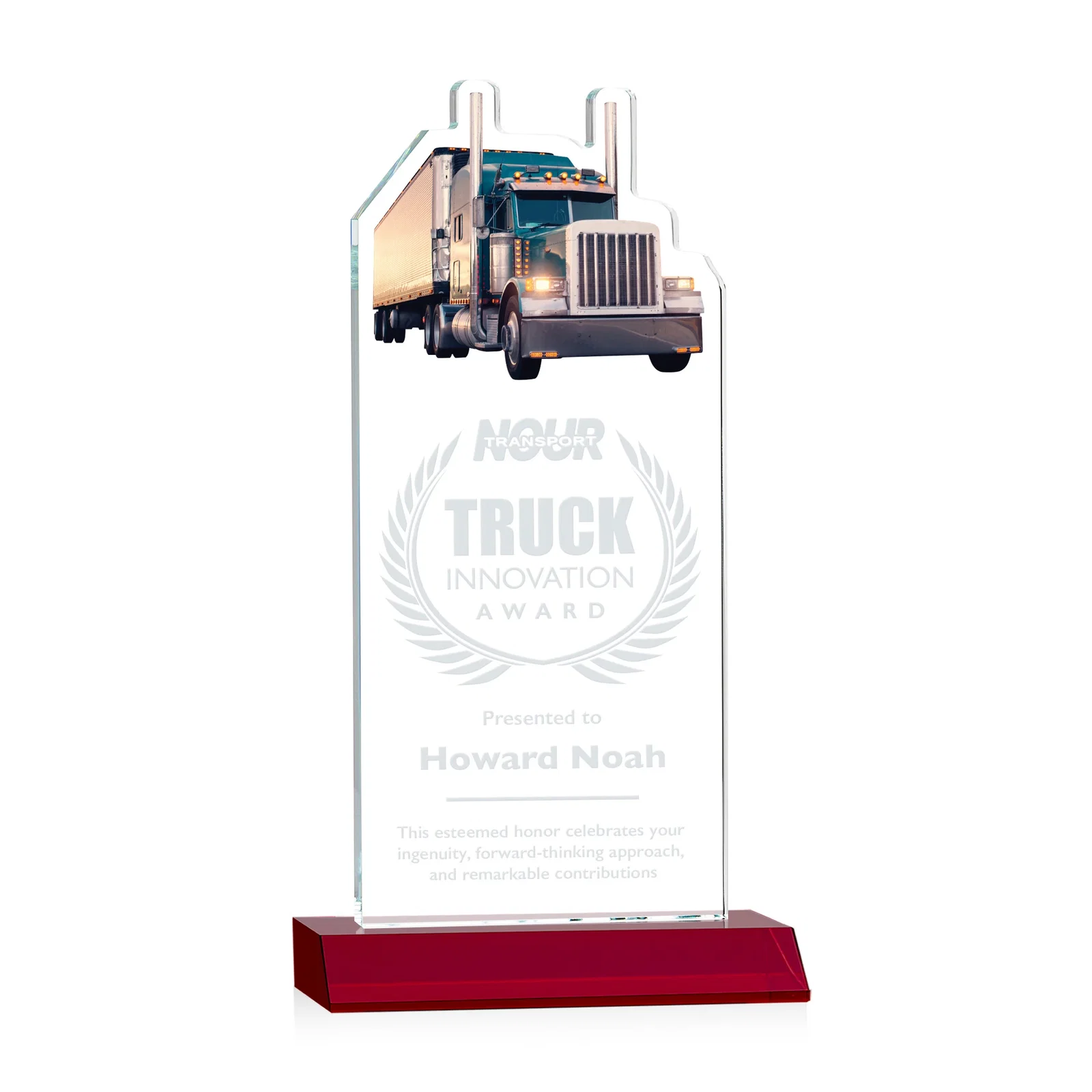 Personalized Starfire Crystal Award With Truck Figure on Mitered Base for company anniversary events