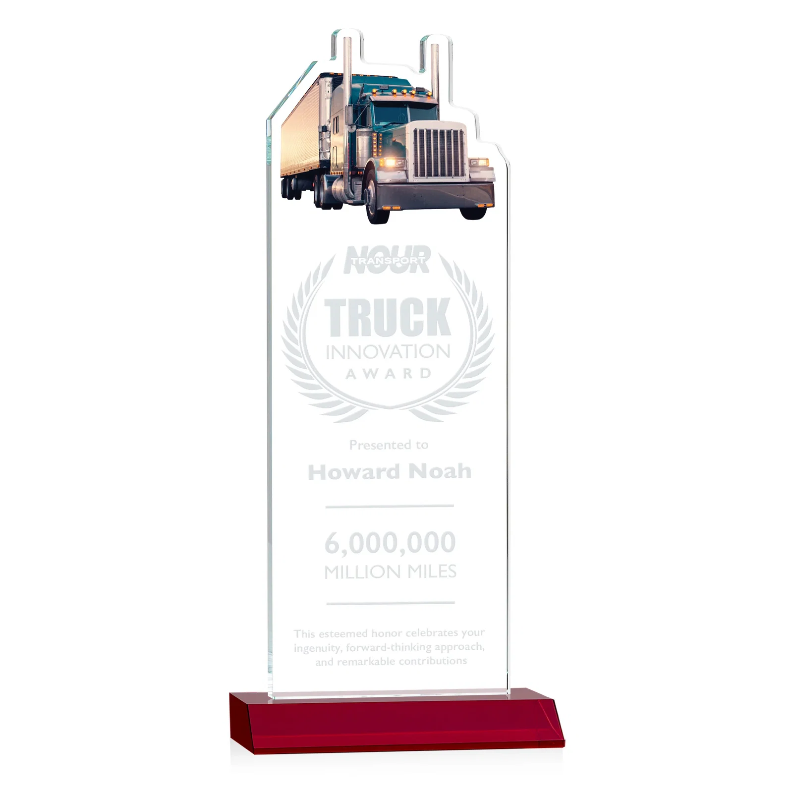 Promotional Starfire Crystal Award With Truck Figure on Mitered Base for employee recognition