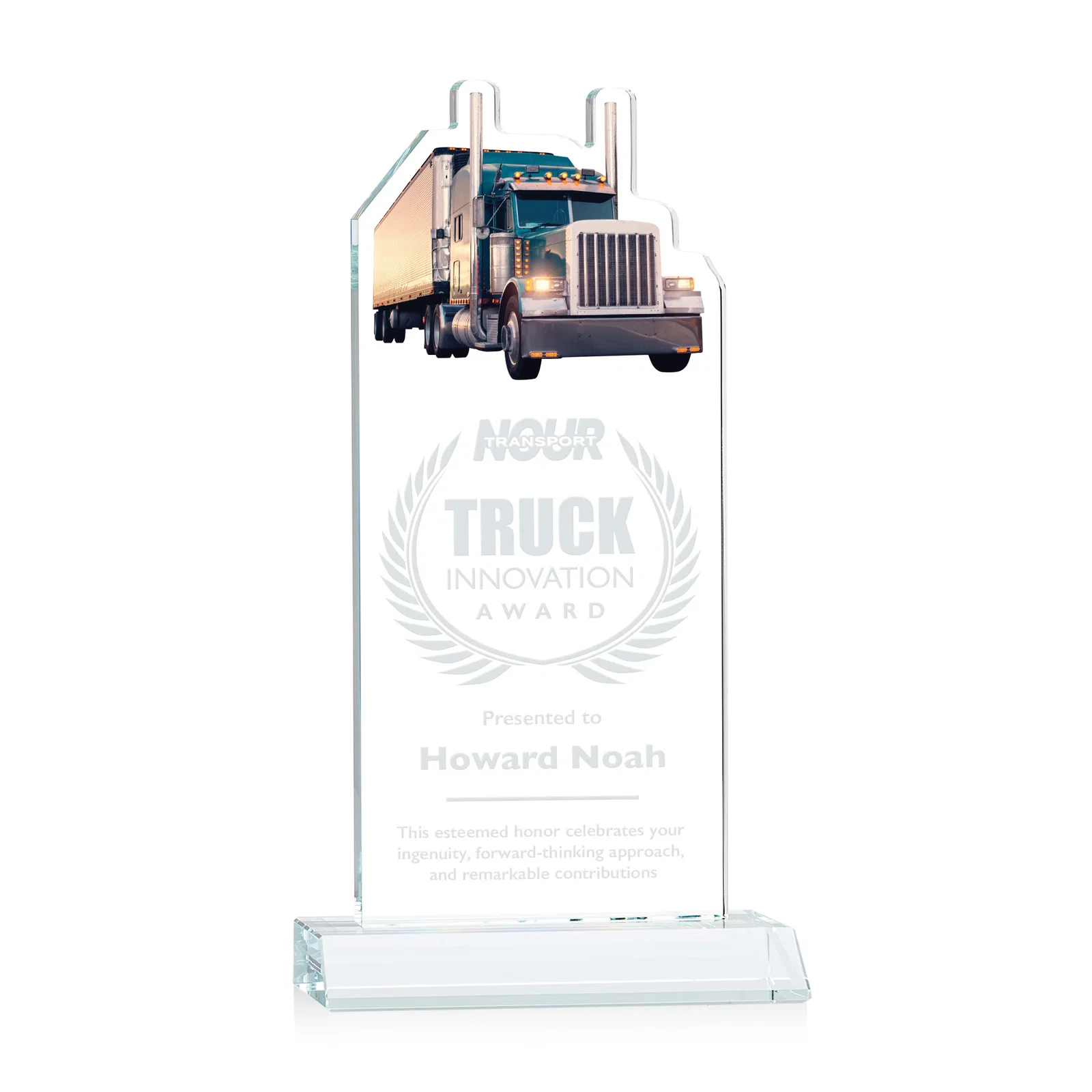 Custom Starfire Crystal Award With Truck Figure on Mitered Base for service anniversary gifts